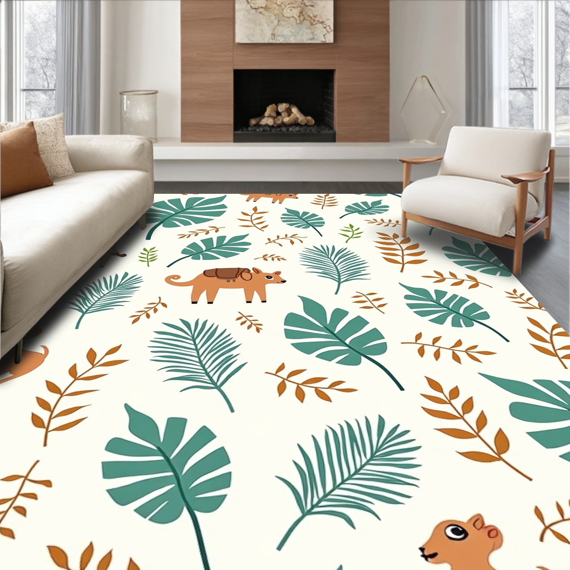 Cute Animals Amongst Teal Foliage Rug