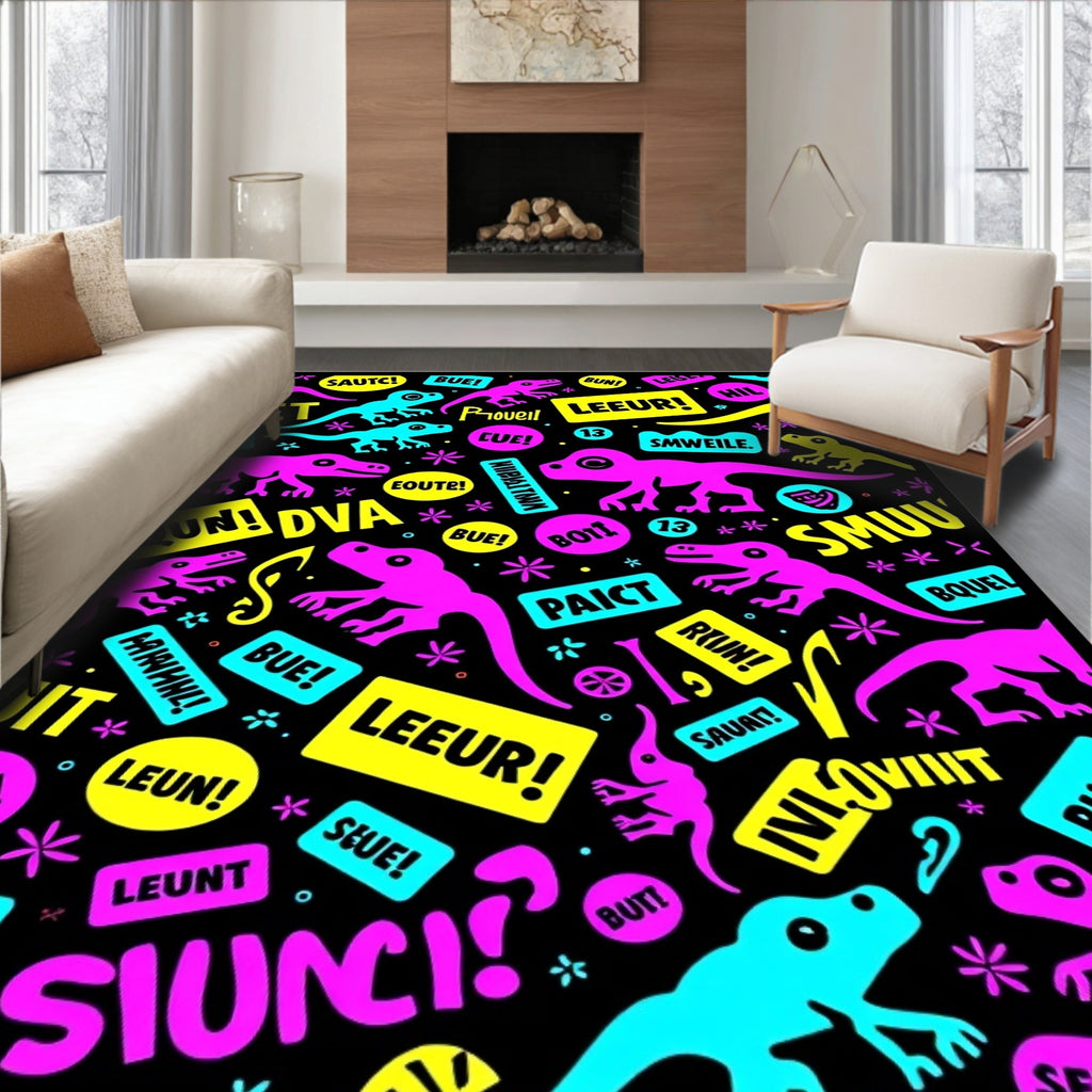 Playful Neon Dinosaur All Over Rug
