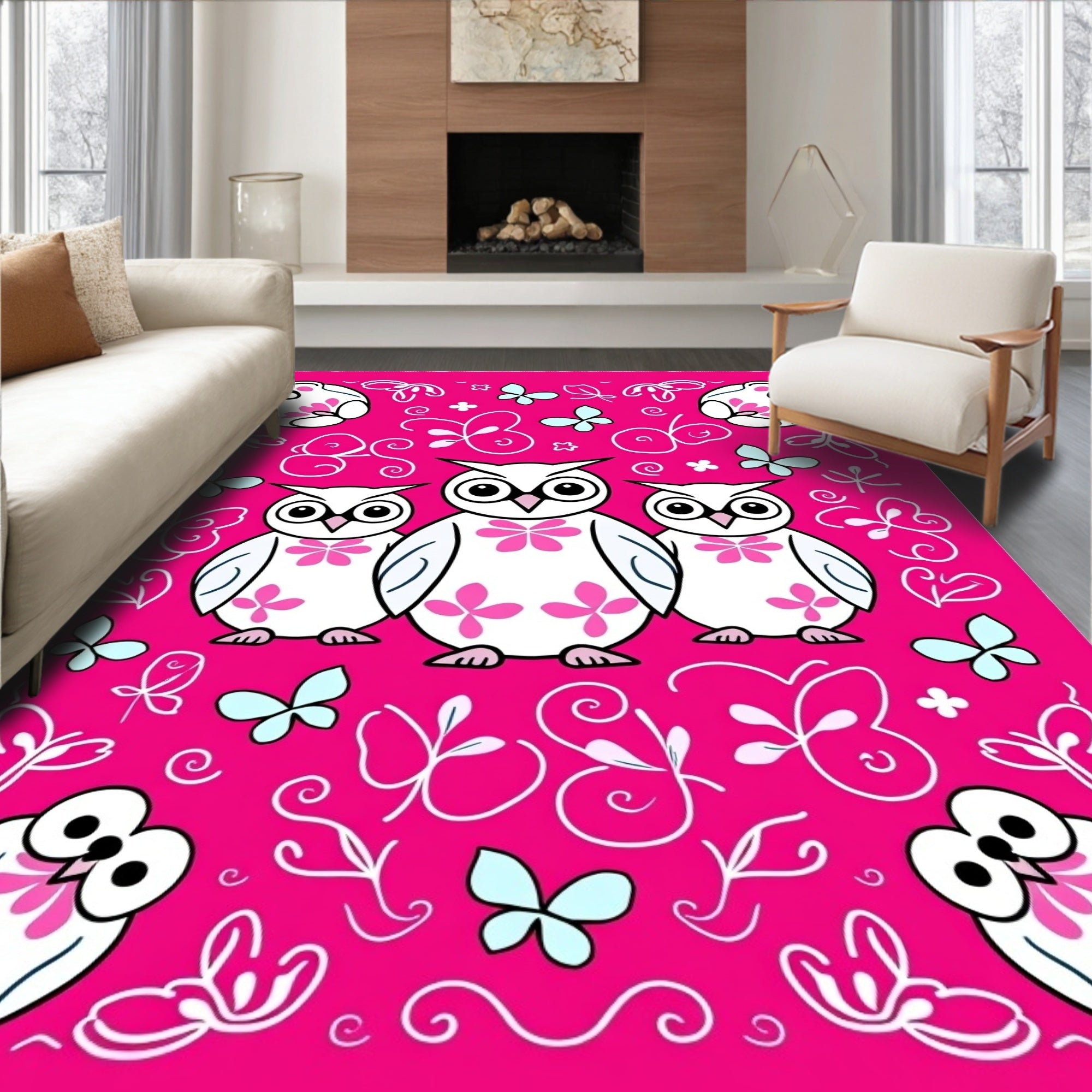 Whimsical Pink Owl Butterfly Gathering Rug