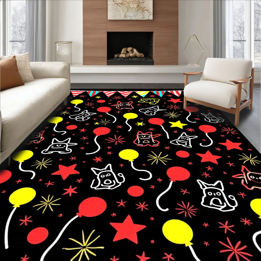 Whimsical Black Creature Balloon Party Rug