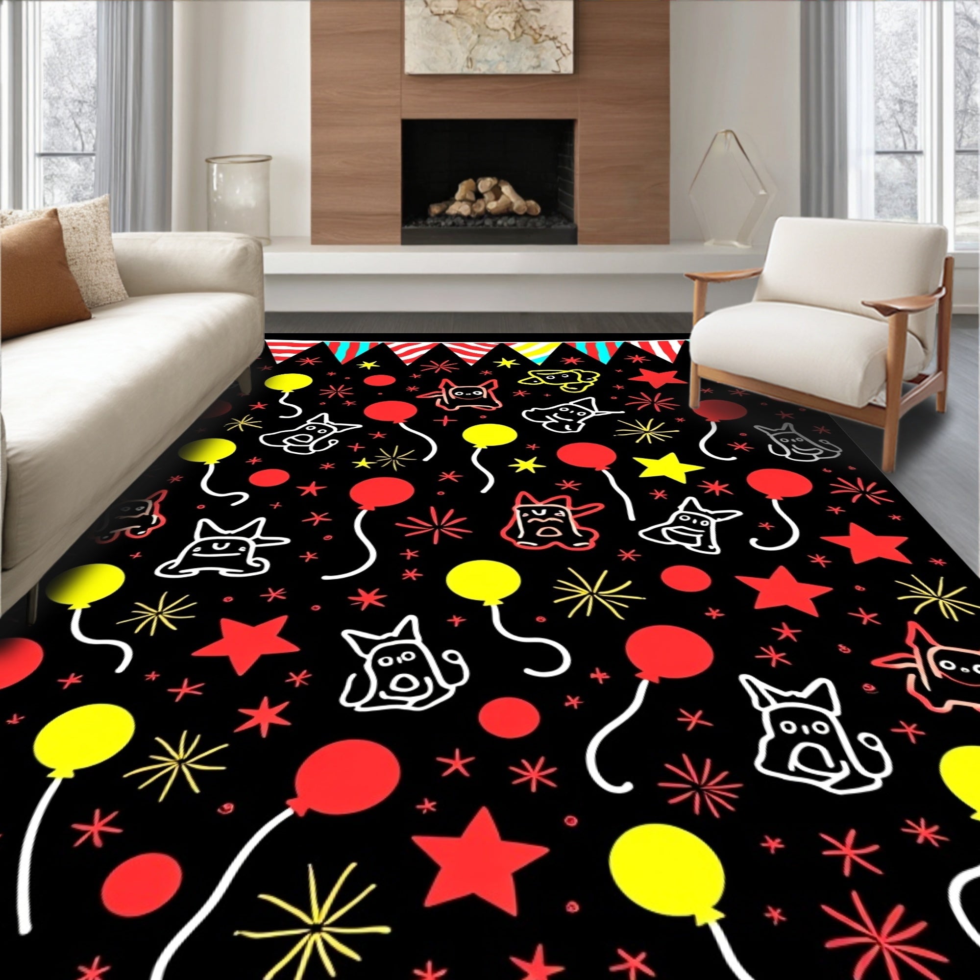 Whimsical Black Creature Balloon Party Rug