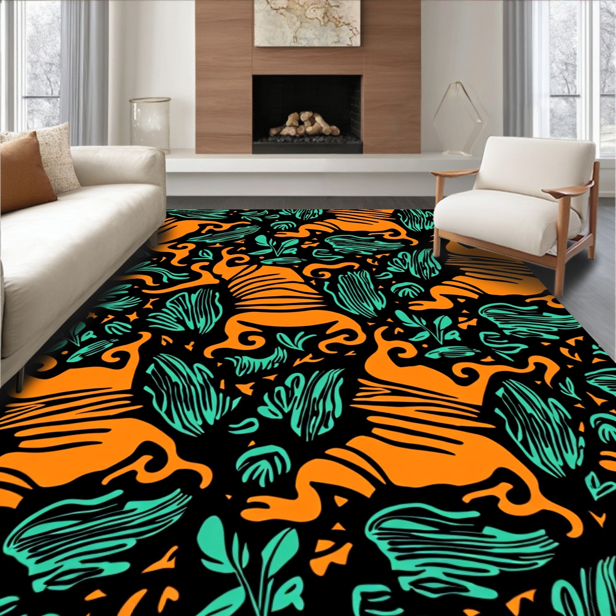 Vibrant Orange Tiger Jungle Foliage Rug