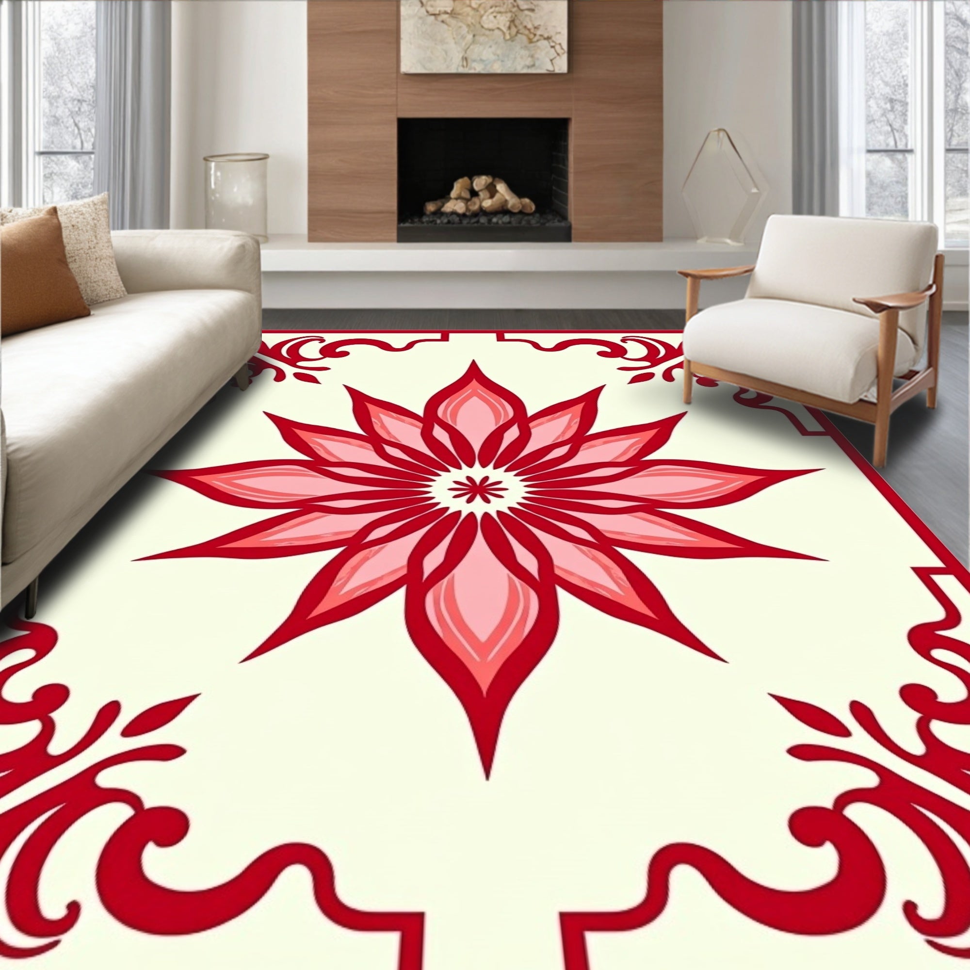 Crimson Floral Medallion Tile Rug
