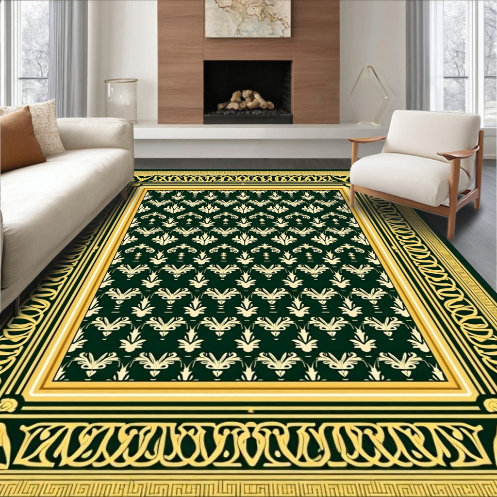 Emerald Green Vintage Floral Border Rug