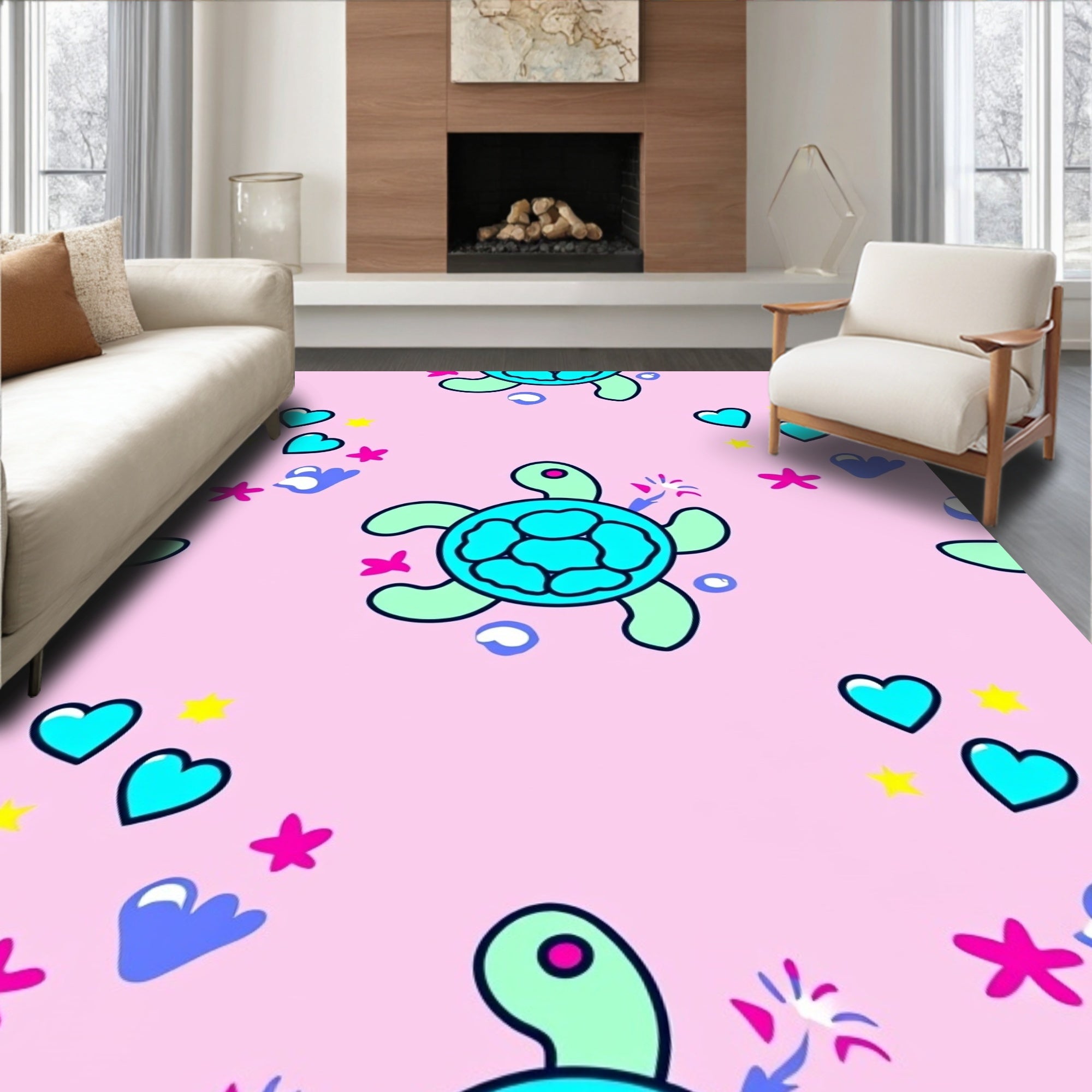 Cute Pink Turquoise Turtle Hearts Rug