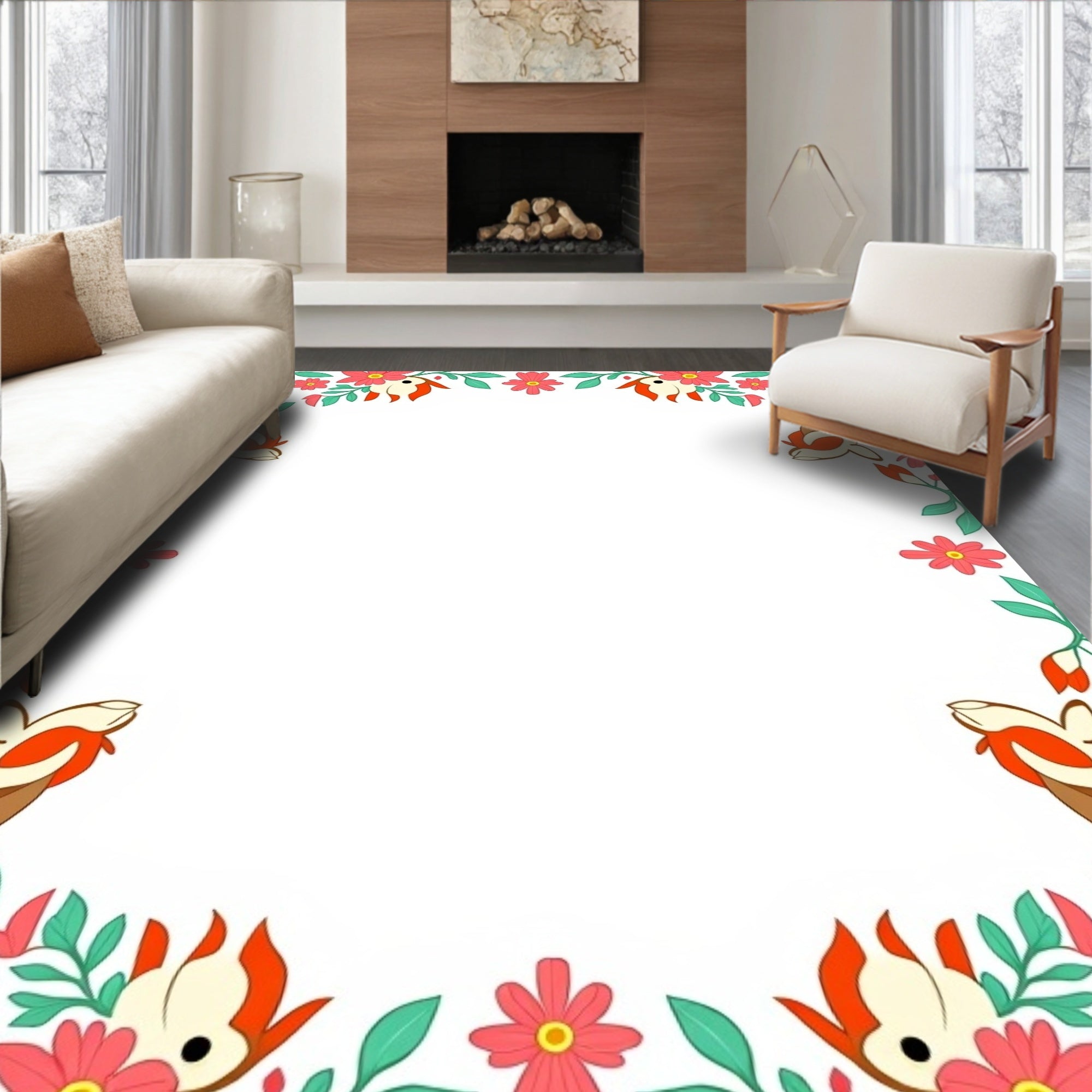 Coral And Teal Koi Flower Garden Border Rug