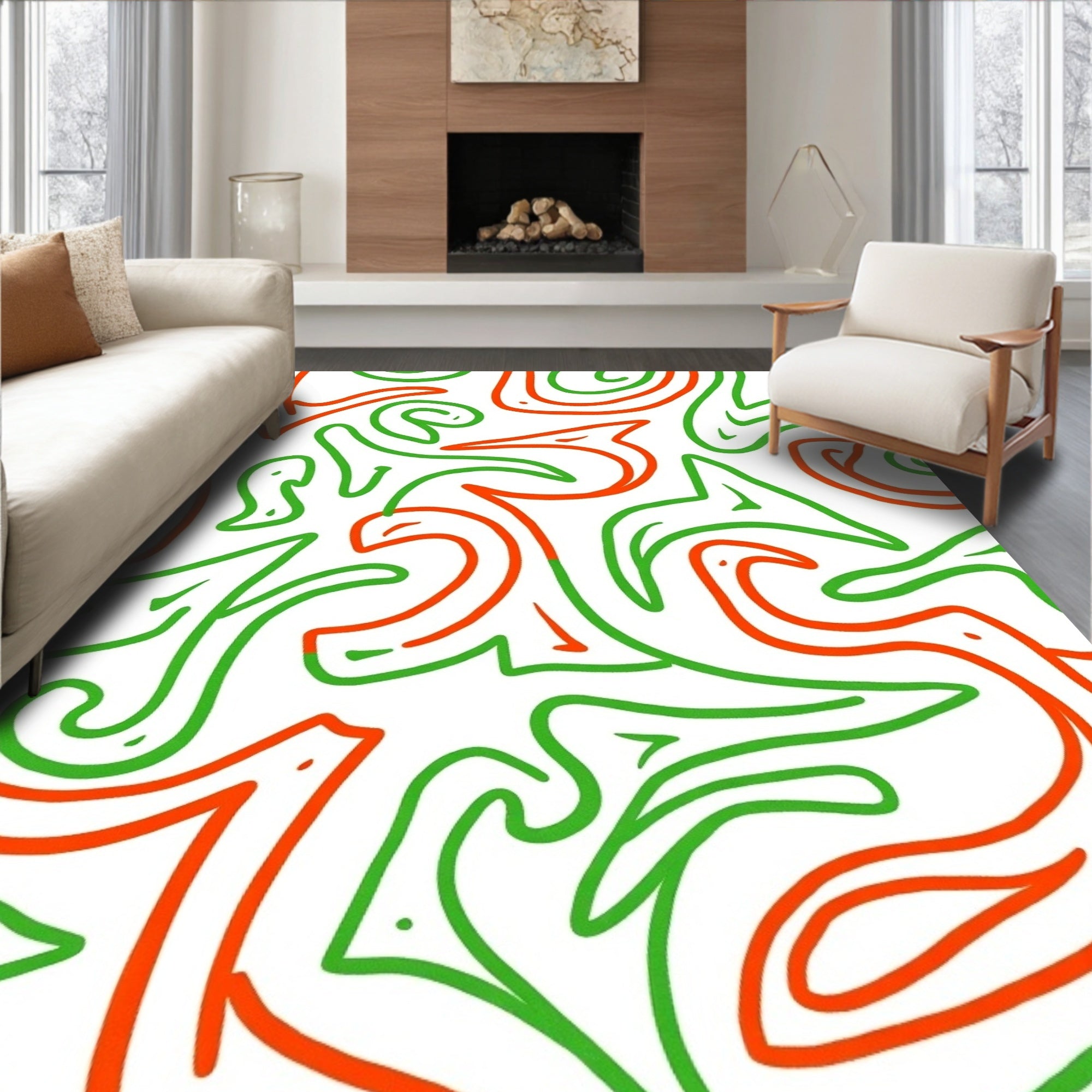 Red Green Abstract Swirls Rug