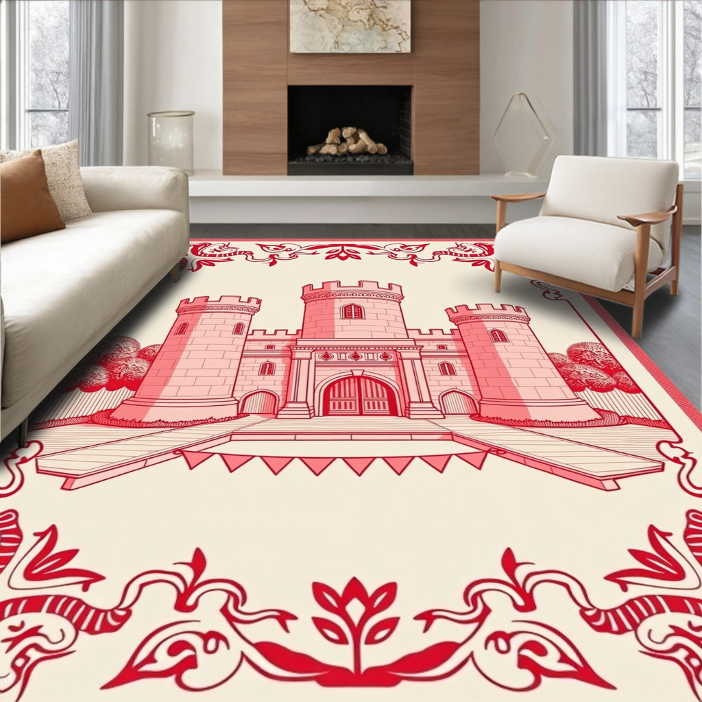 Crimson Castle Bordered Illustration Rug