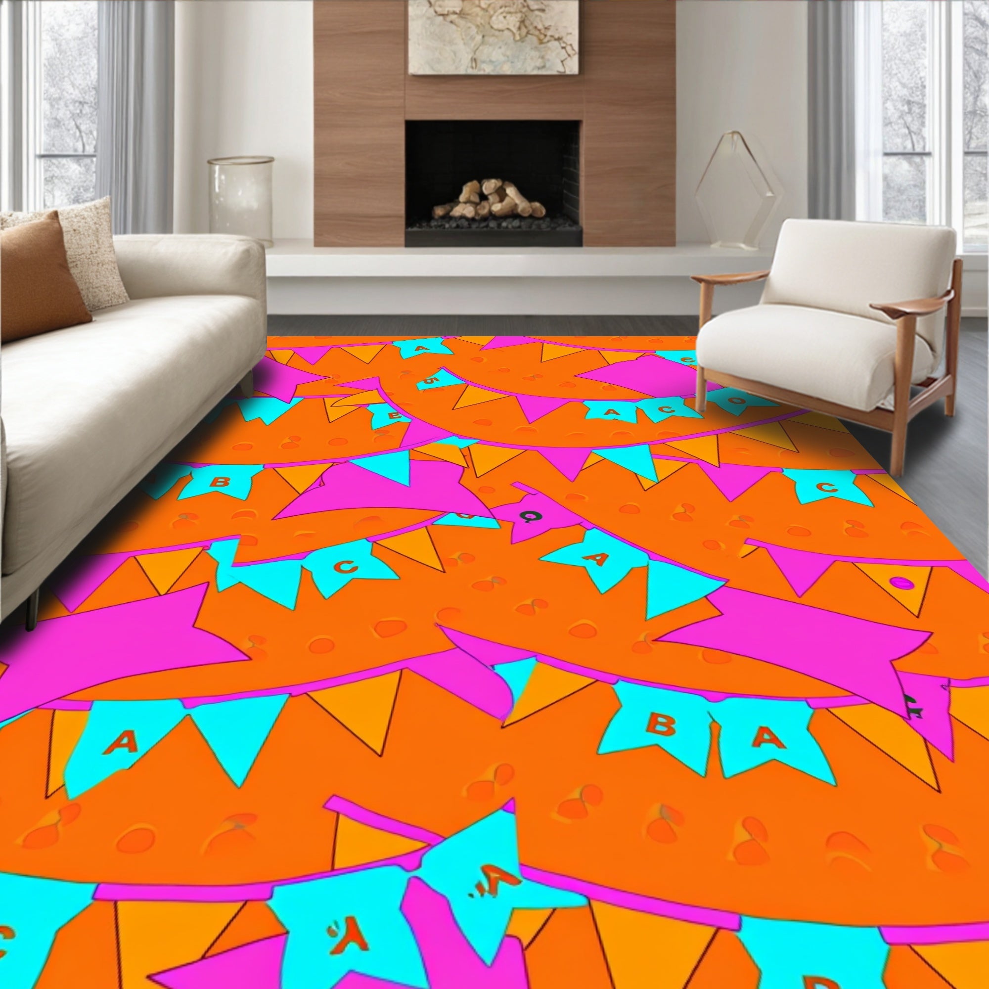 Fiesta Bunting Orange Pink Teal Banner Rug