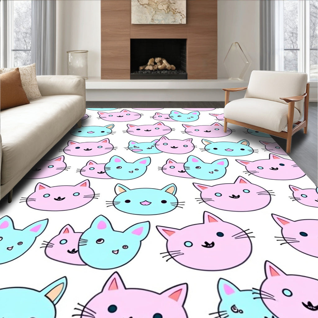 Pink And Teal Kawaii Cat Faces Rug