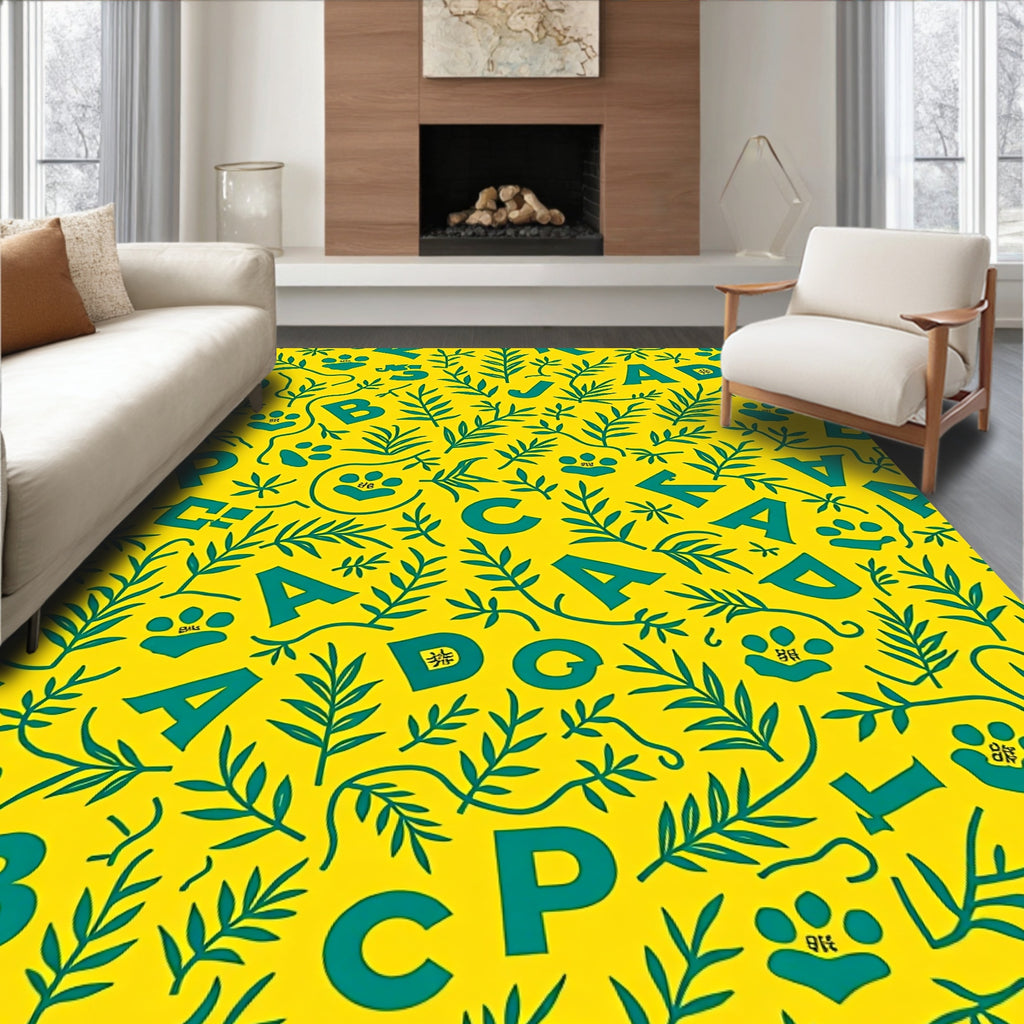 Yellow Teal Alphabet Forest Scene Rug