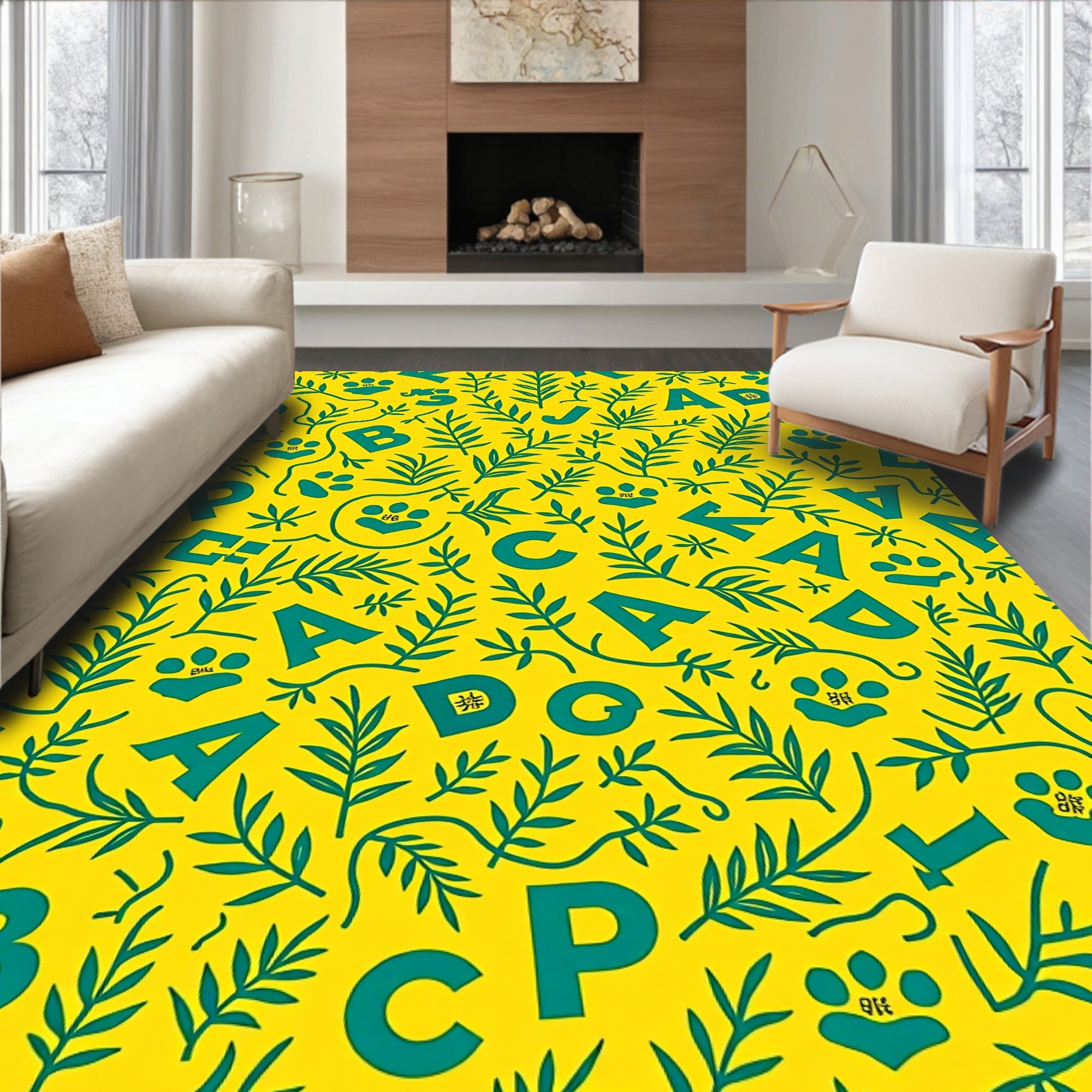 Yellow Teal Alphabet Forest Scene Rug