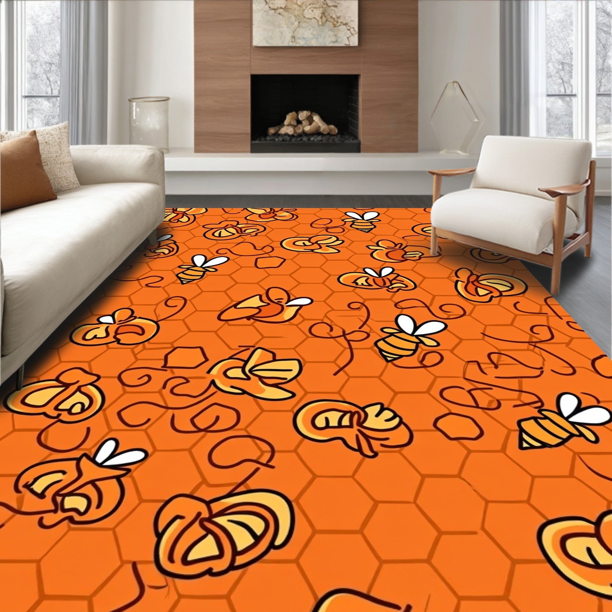 Orange Honeycomb Bees Illustration Rug