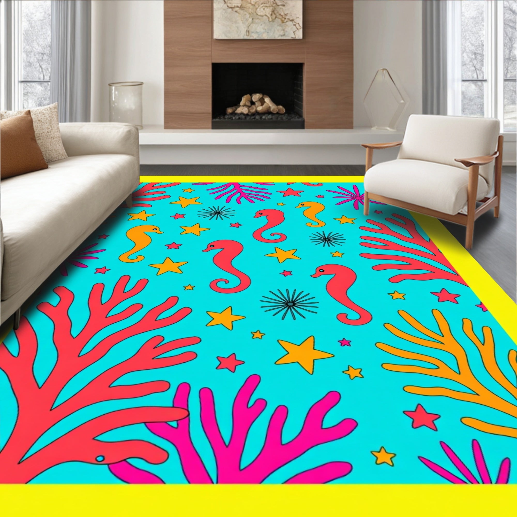 Coral Seahorse And Star Ocean Scene Rug