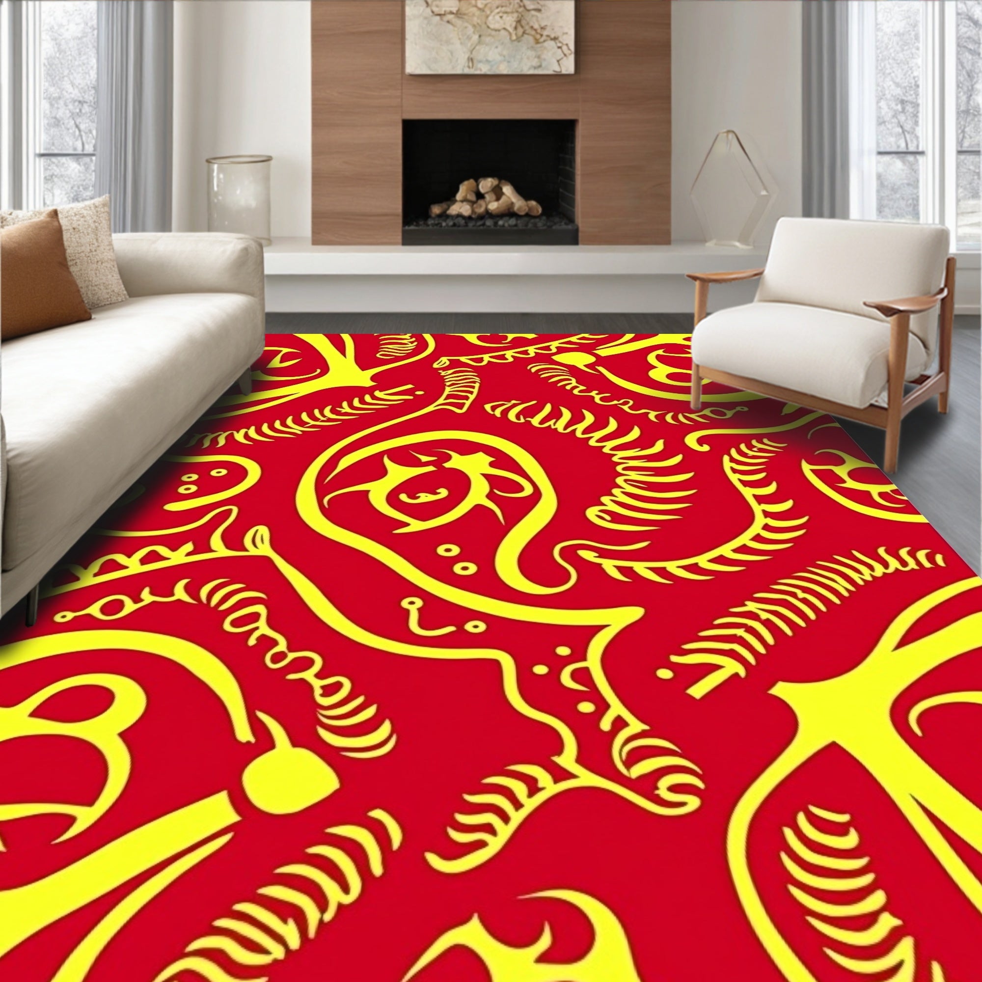 Red Yellow Abstract Organic Swirl Rug