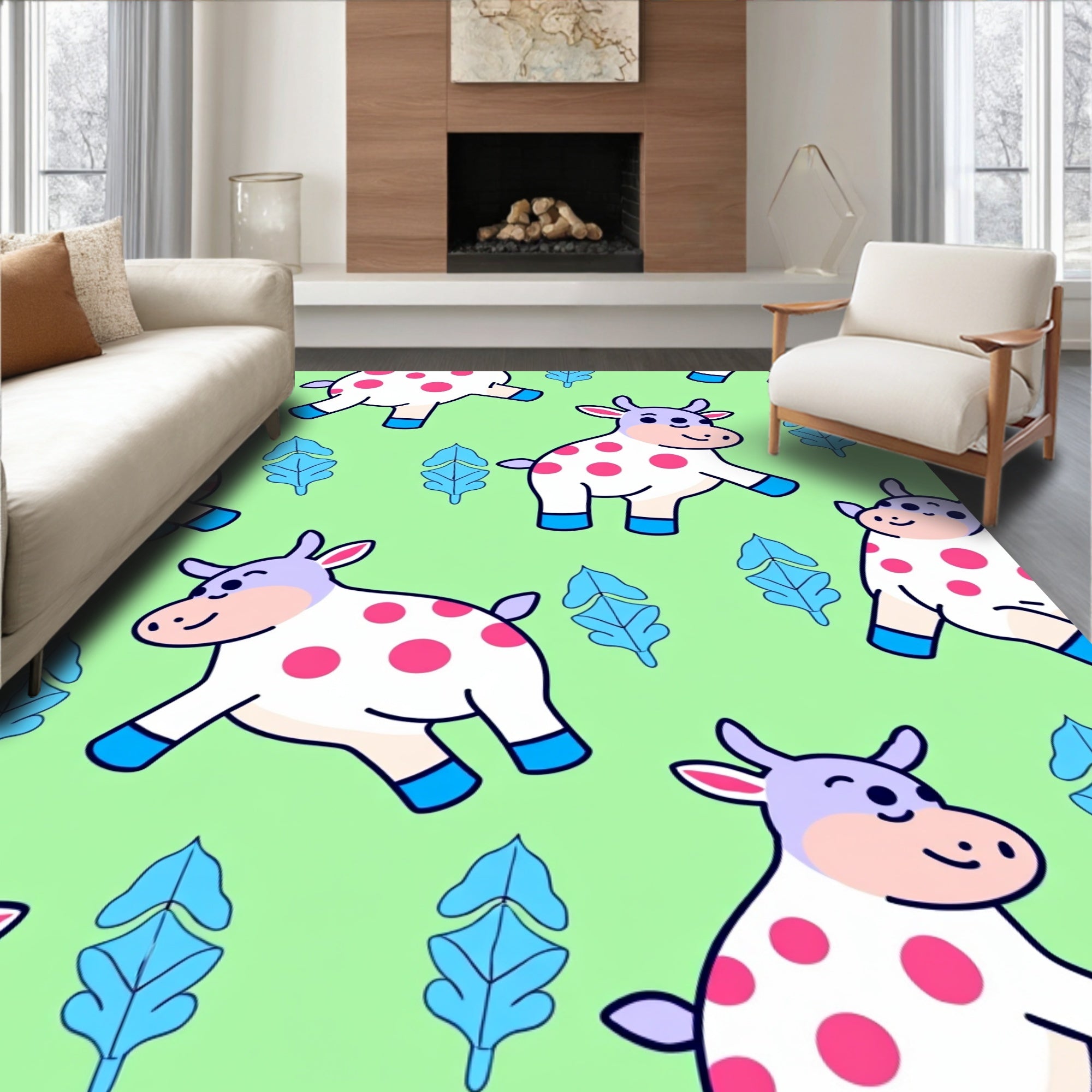 Charming White Polka Dot Farm Animals Rug