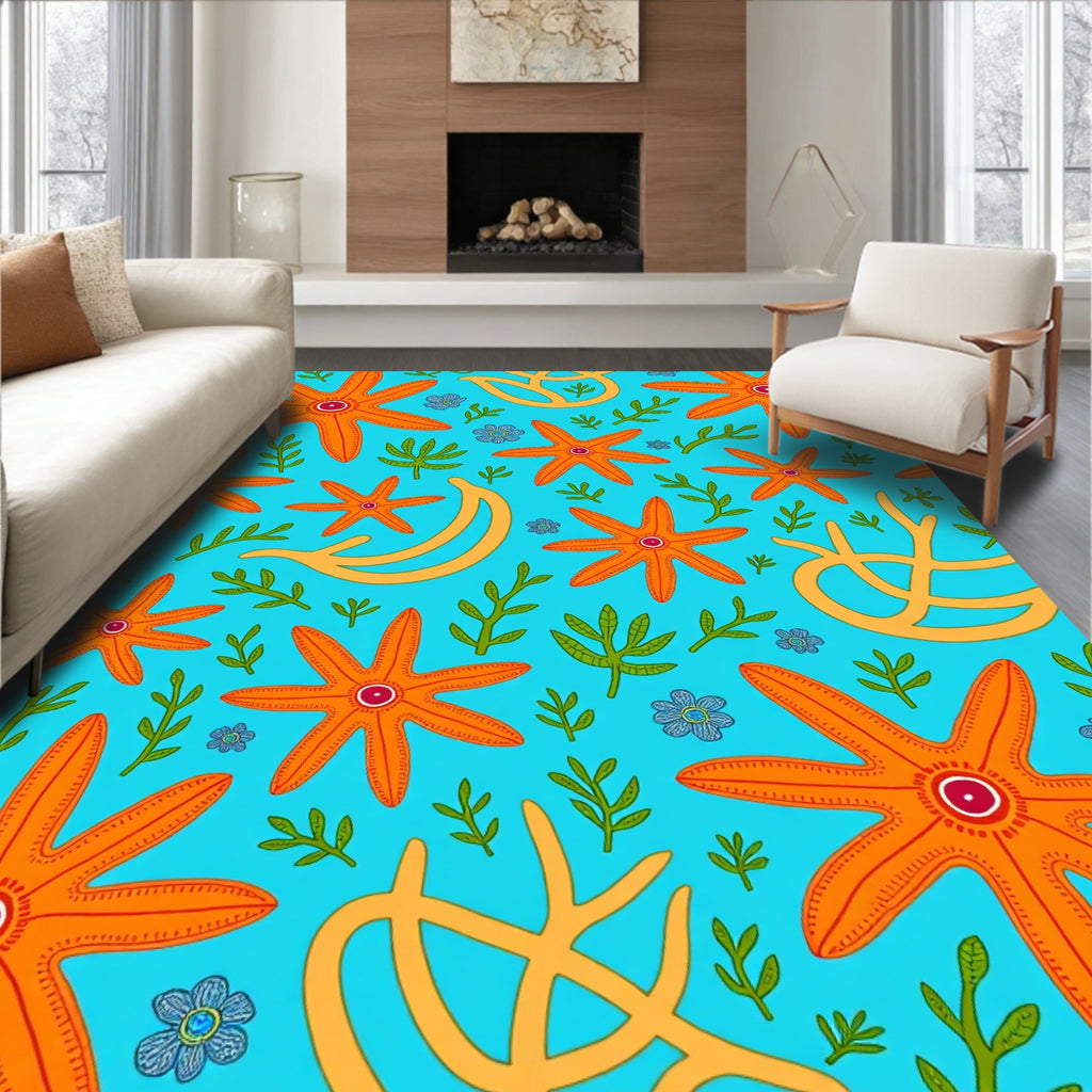Orange Starfish Coral Blue Ocean Rug