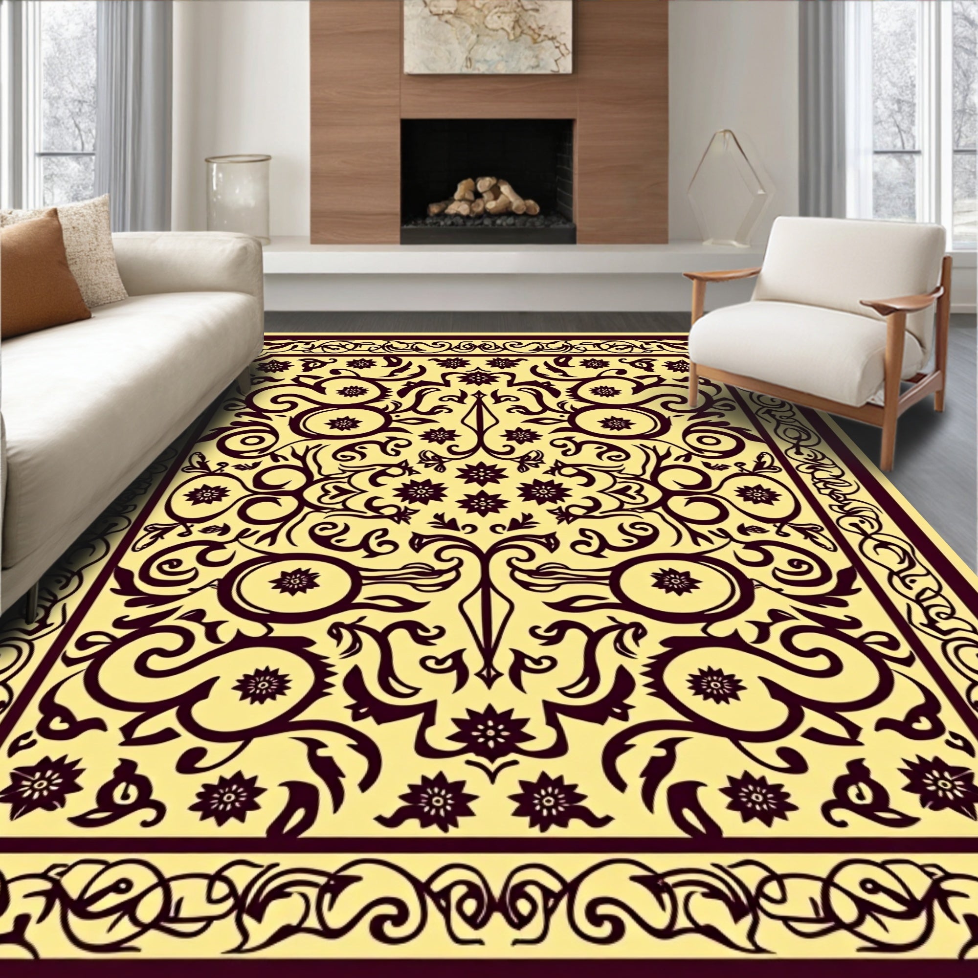 Earthy Golden Scrollwork Floral Rug
