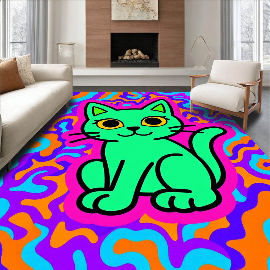 Trippy Green Cat Psychedelic Swirls Rug