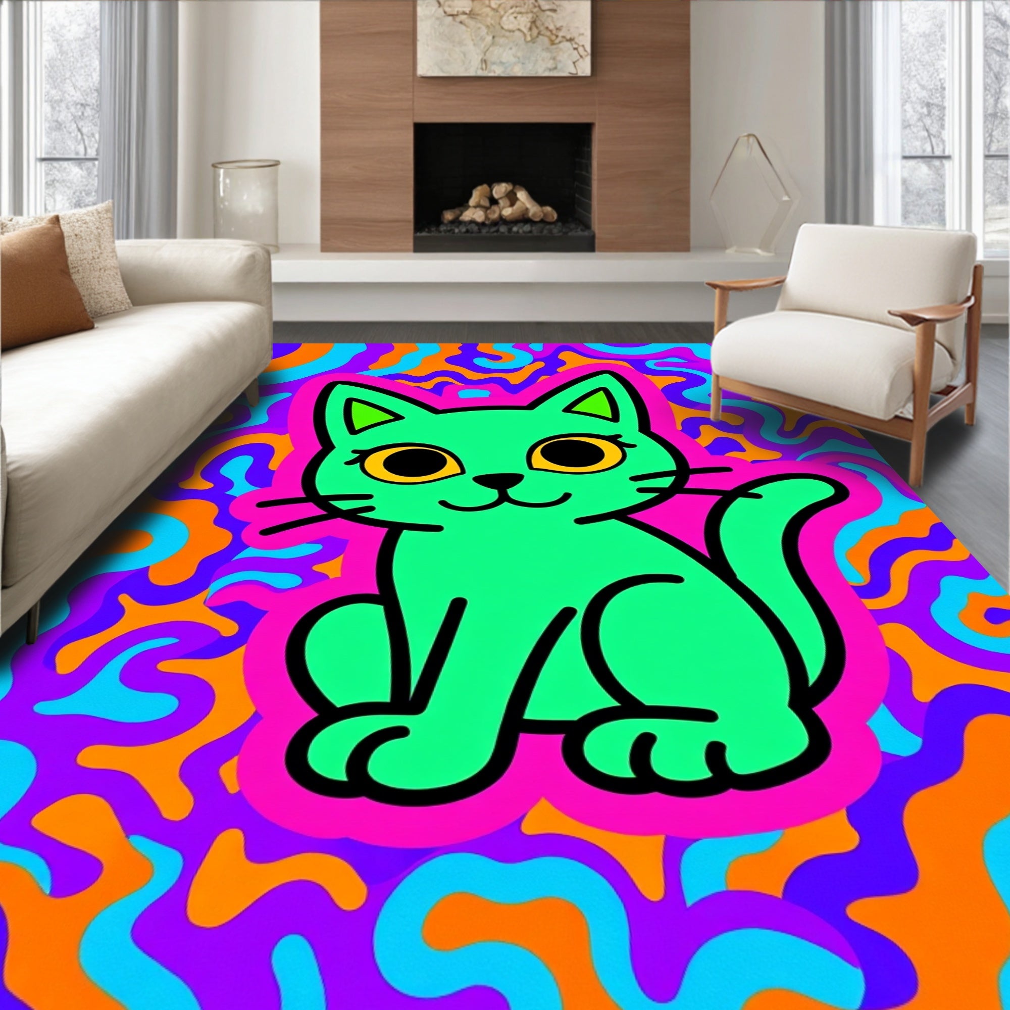 Trippy Green Cat Psychedelic Swirls Rug