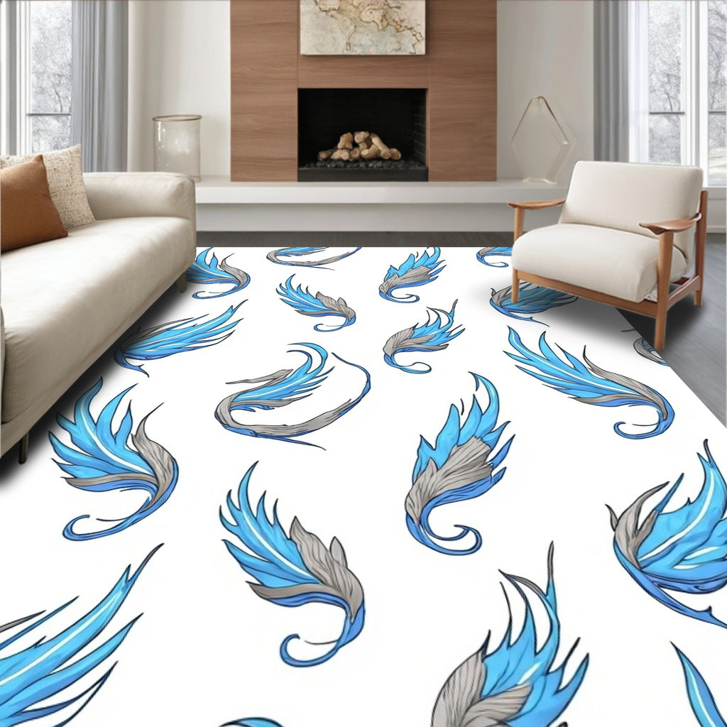 Majestic Blue Feathered Wings Pattern Rug