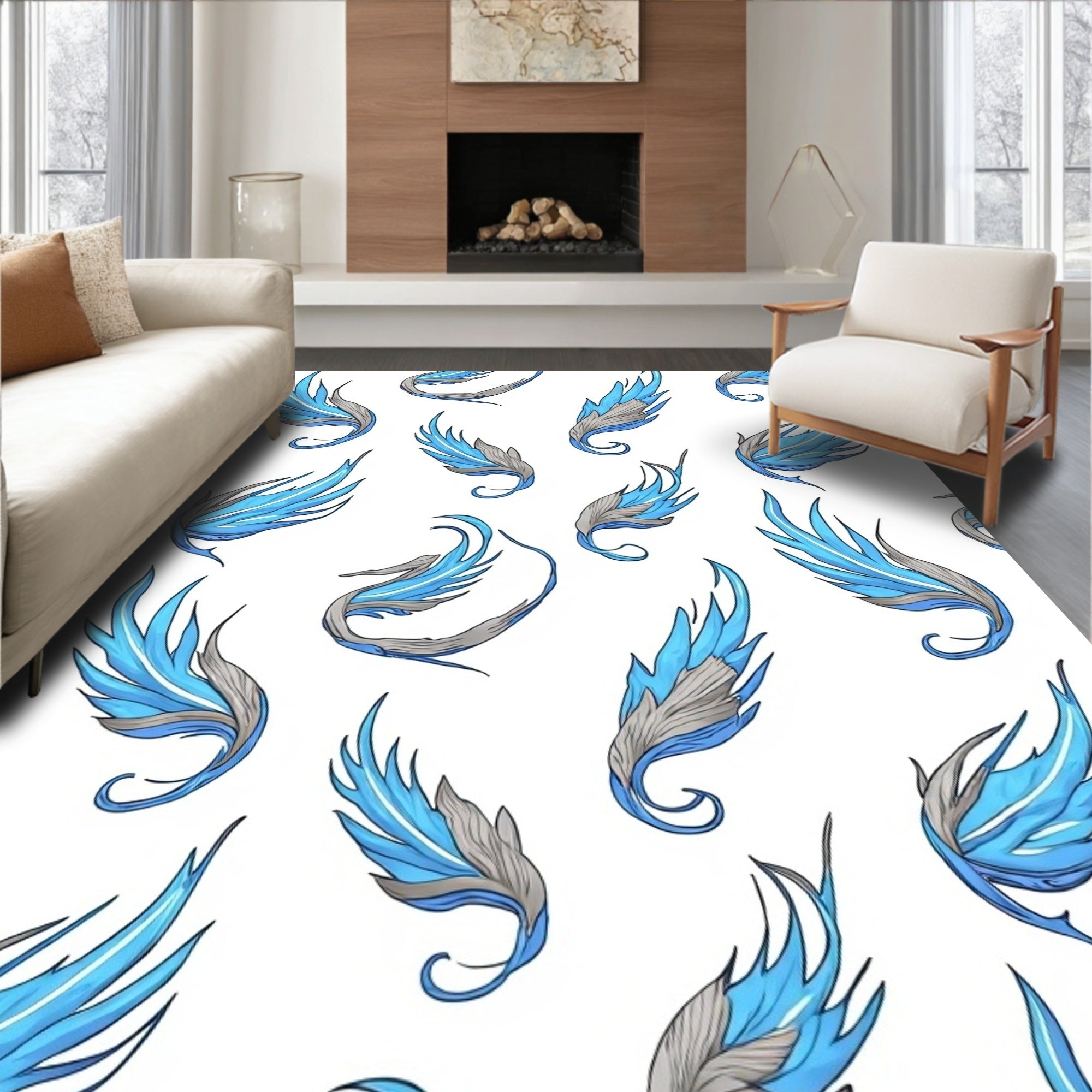 Majestic Blue Feathered Wings Pattern Rug