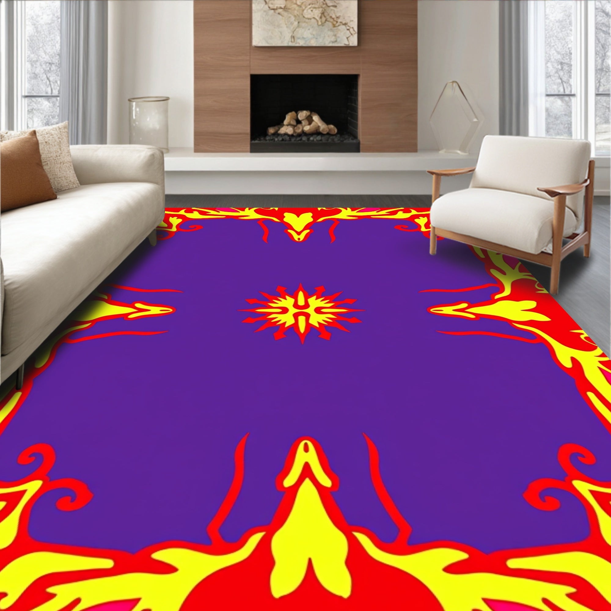 Psychedelic Scarlet Yellow Sunburst Rug