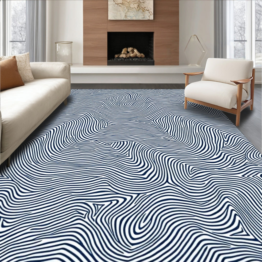 Dark Blue Organic Line Swirl Rug