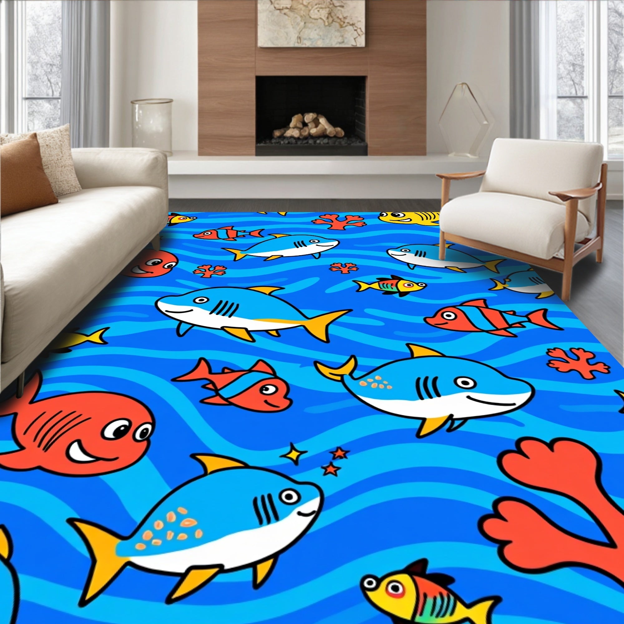 Happy Ocean Life Fish Coral Rug