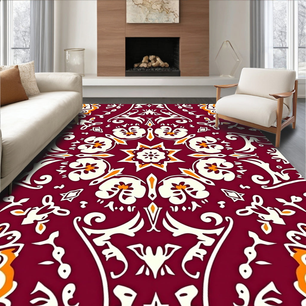 Deep Crimson Floral Medallion Symmetry Rug