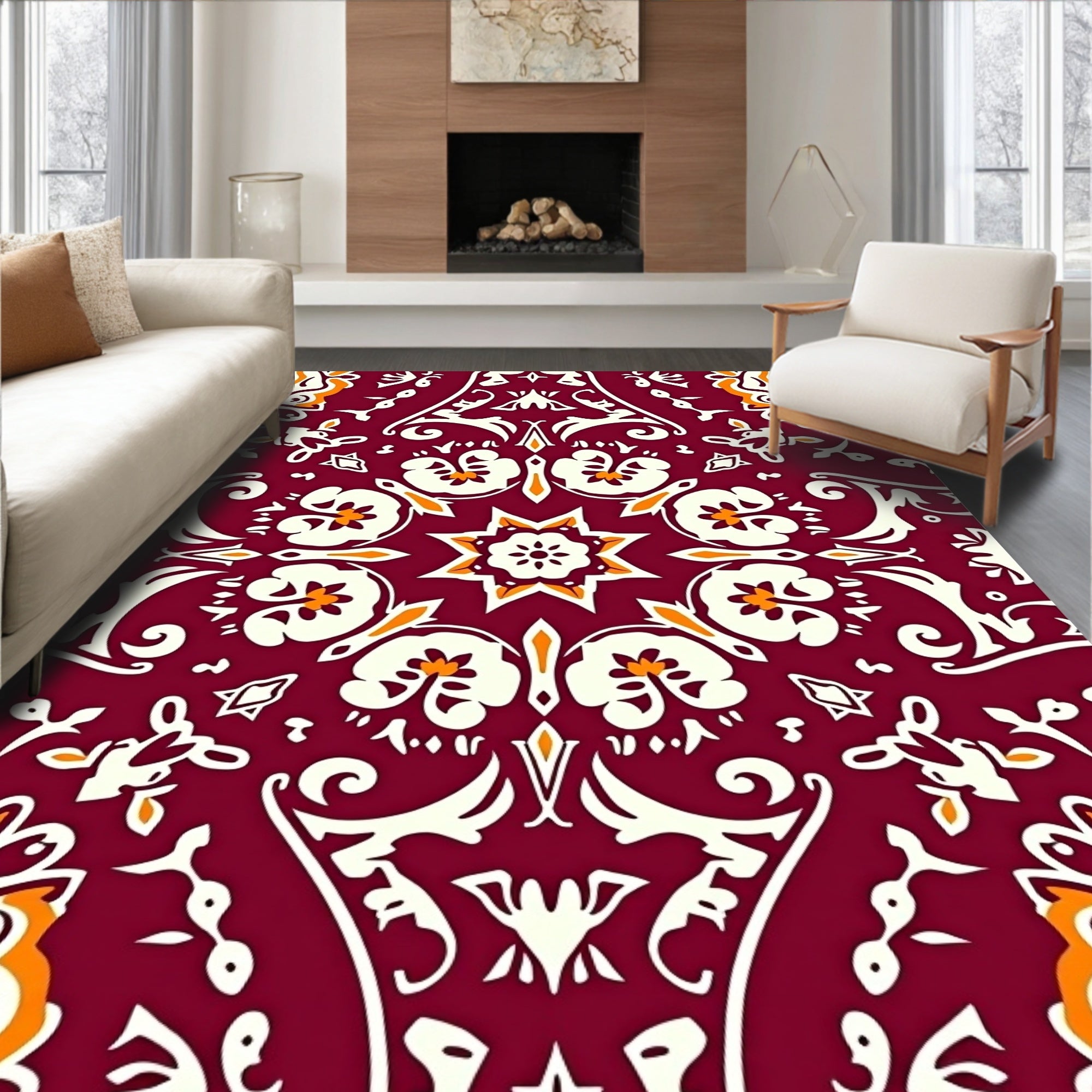 Deep Crimson Floral Medallion Symmetry Rug