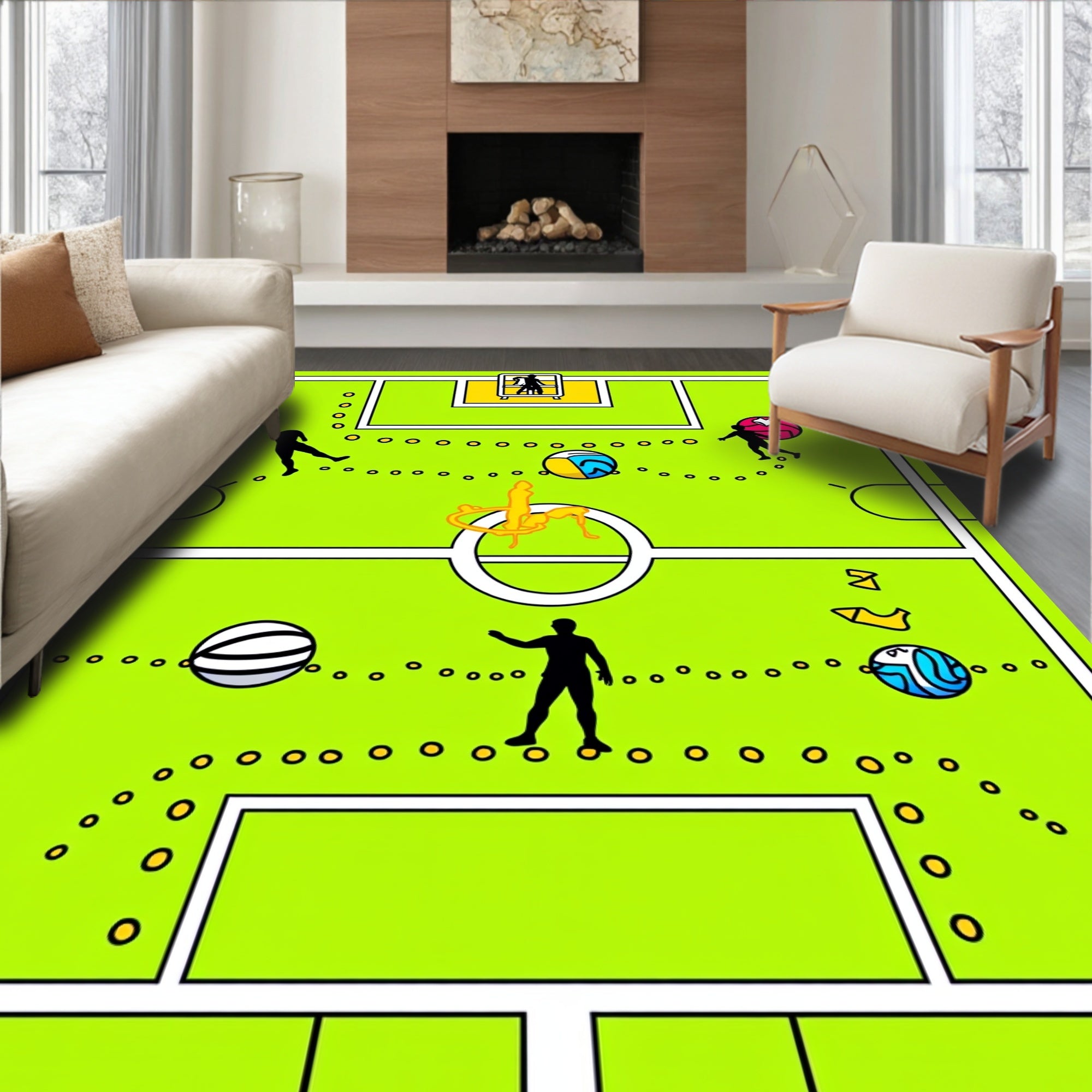 Vivid Green Football Action Players Rug
