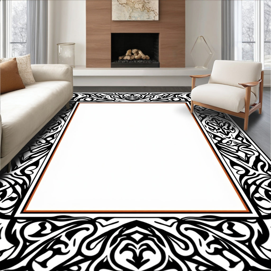 Black White Art Nouveau Scroll Border Rug