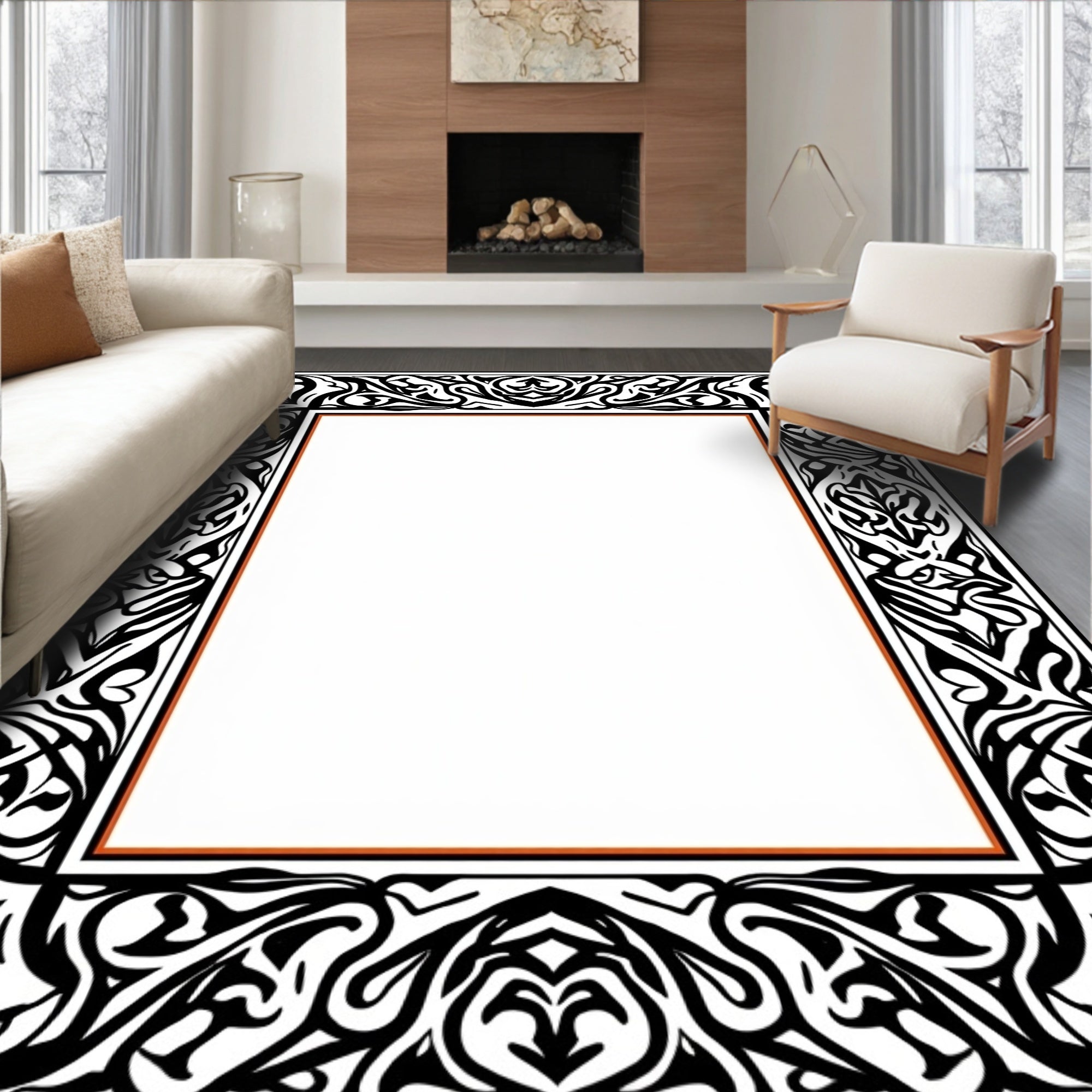 Black White Art Nouveau Scroll Border Rug