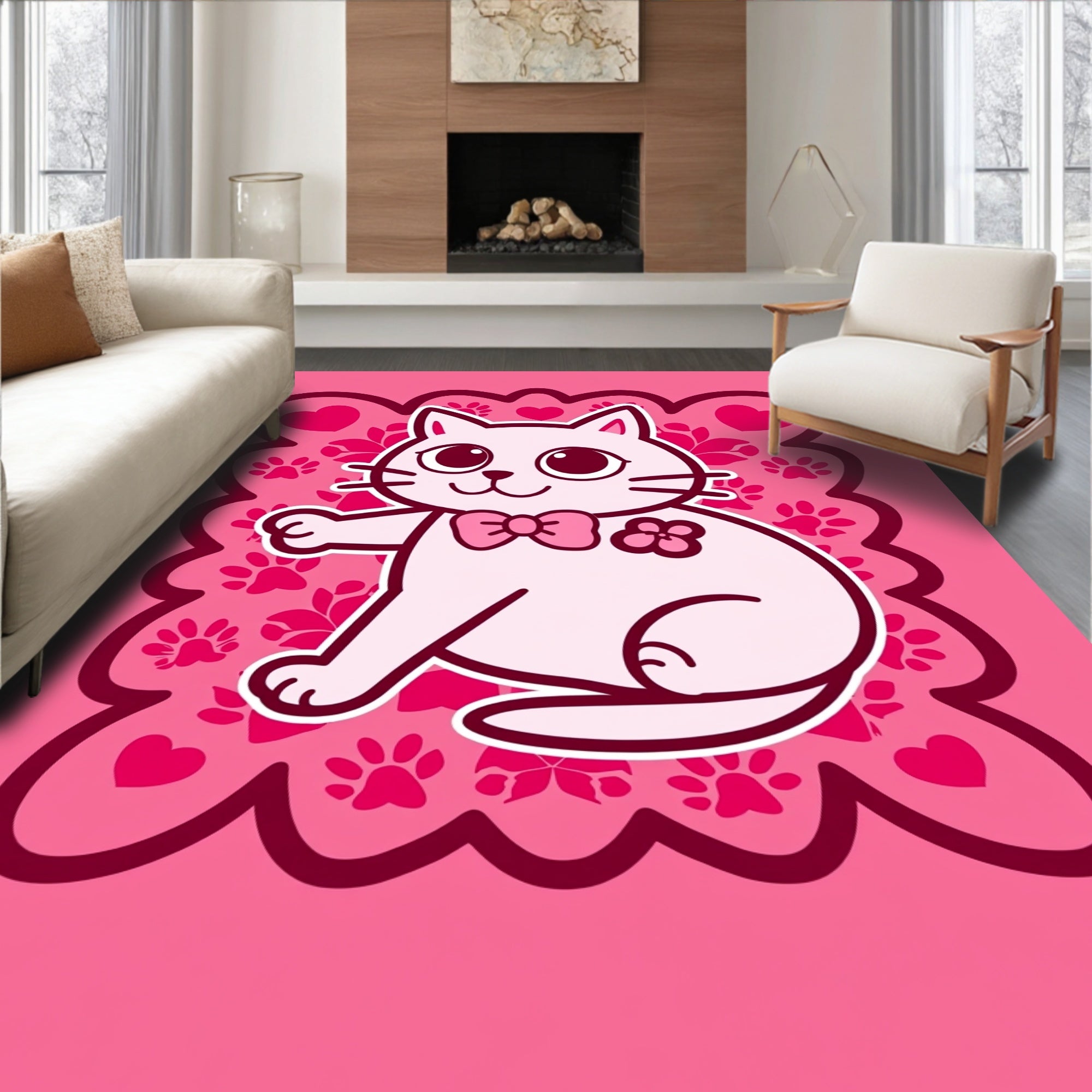 Cute Pink Cat Hearts Paw Prints Rug