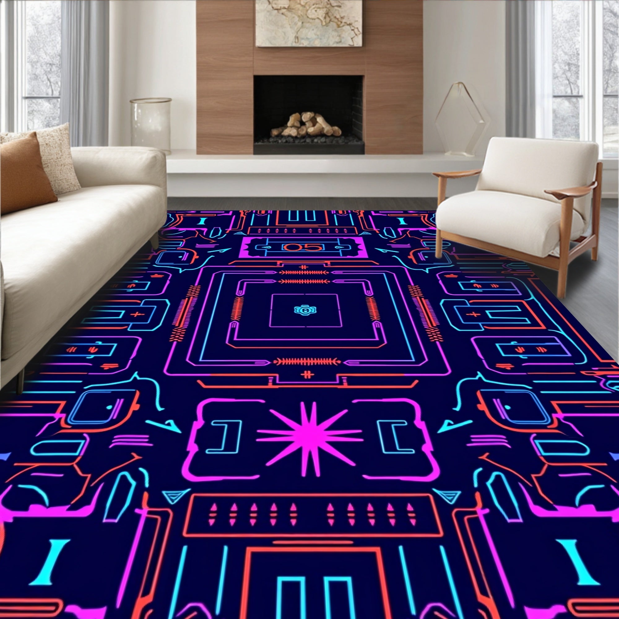 Circuit Board Neon Abstract Lines Rug