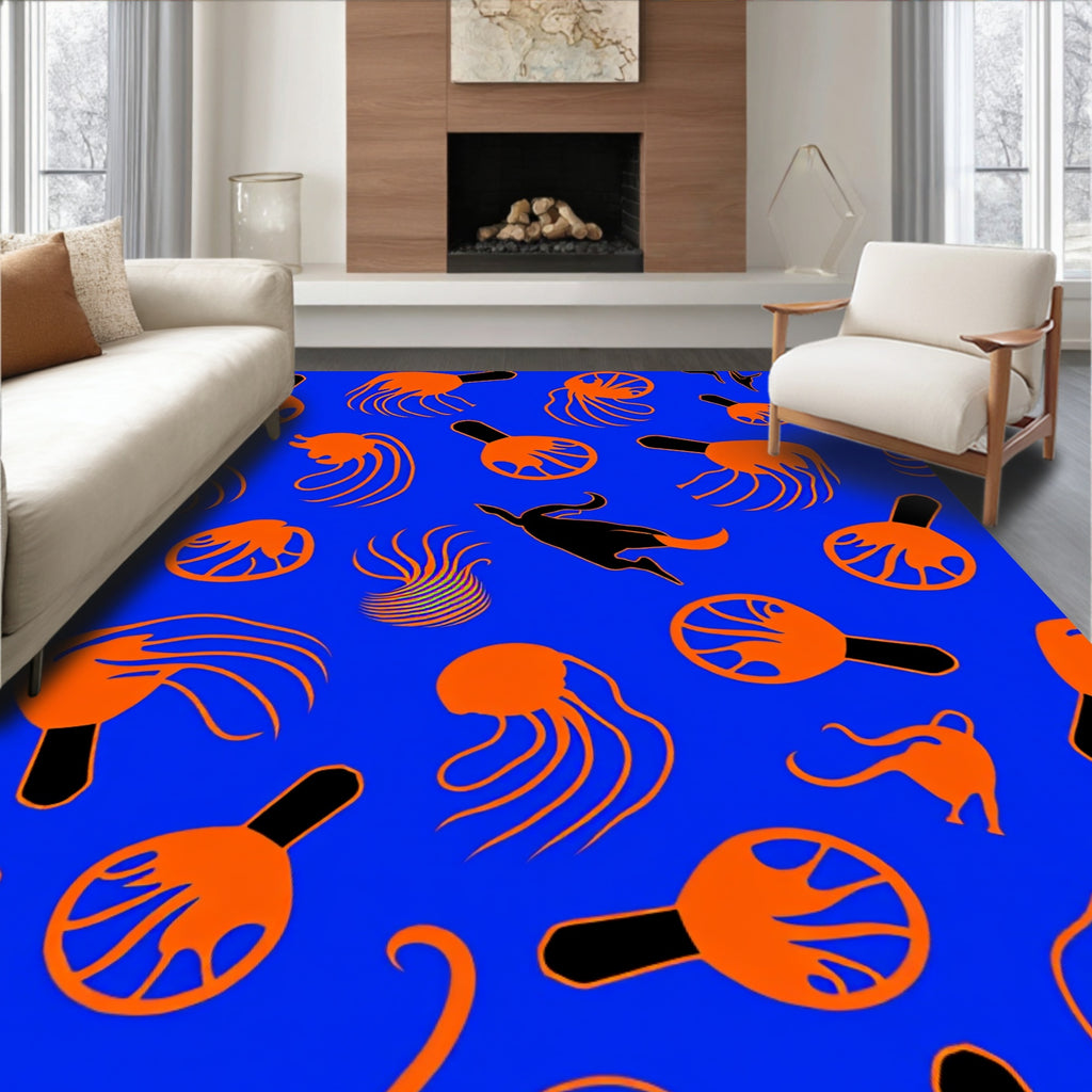 Vivid Blue Orange Jellyfish Creatures Rug