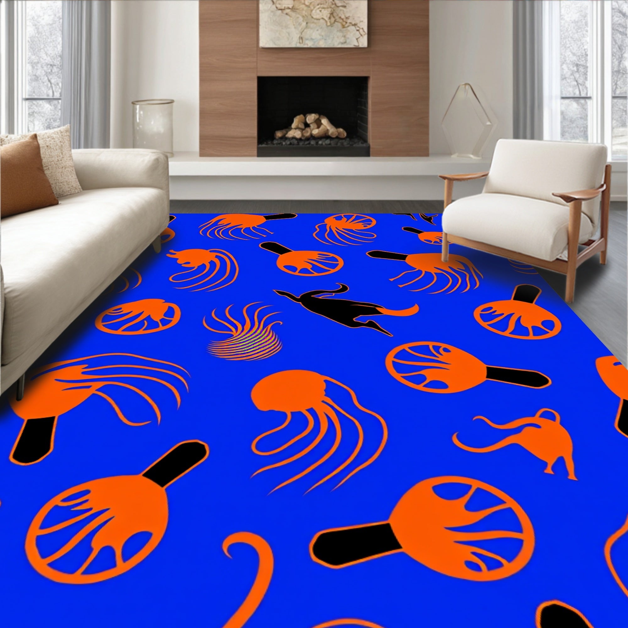 Vivid Blue Orange Jellyfish Creatures Rug