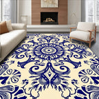 Navy Blue Floral Mandala Cream Rug