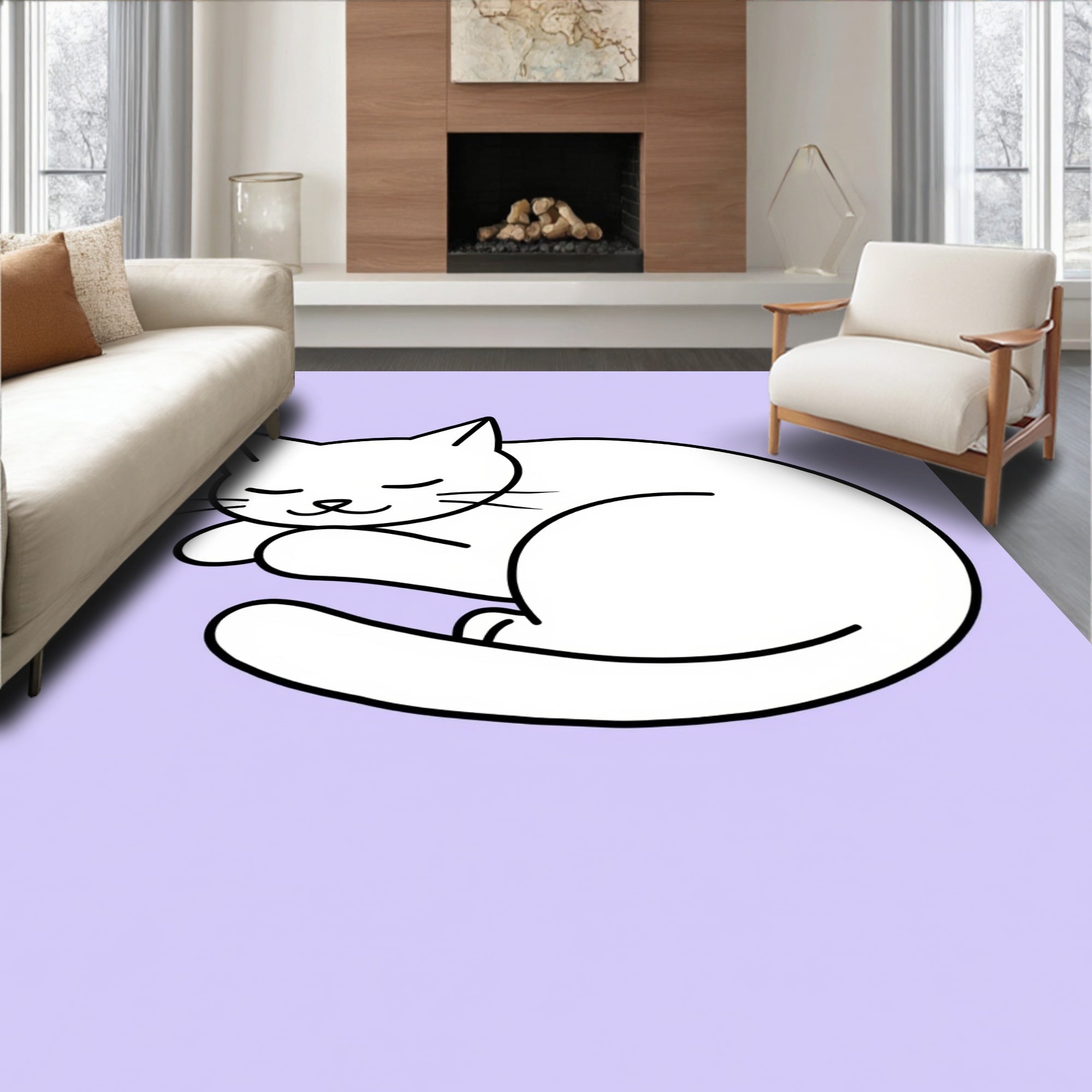 White Sleeping Cat Lavender Background Rug