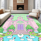 Pastel Pink Castle Swan Garden Rug