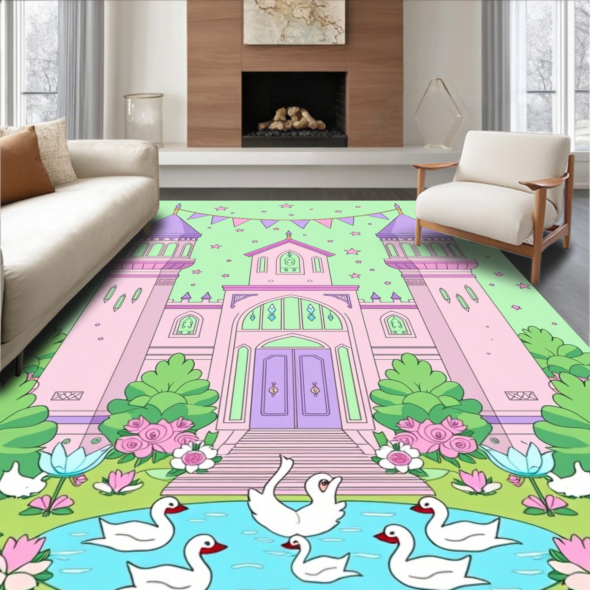 Pastel Pink Castle Swan Garden Rug