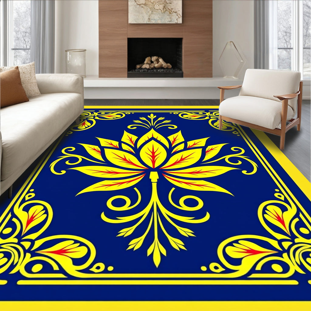 Vibrant Yellow Lotus Blue Border Rug