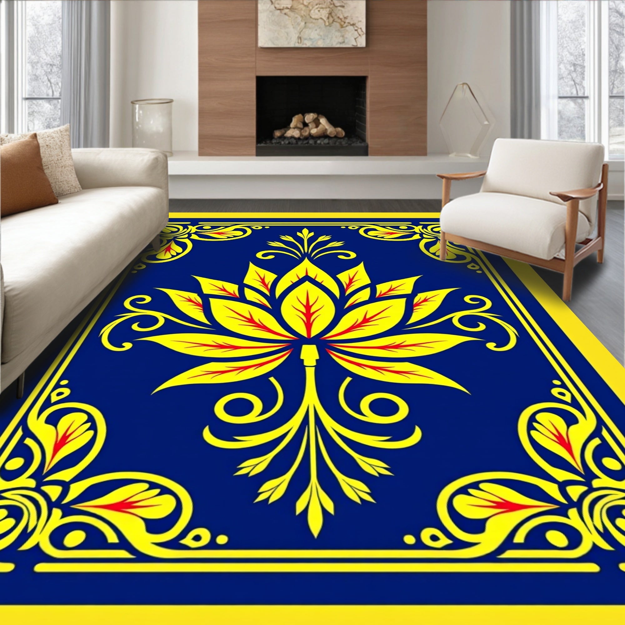 Vibrant Yellow Lotus Blue Border Rug