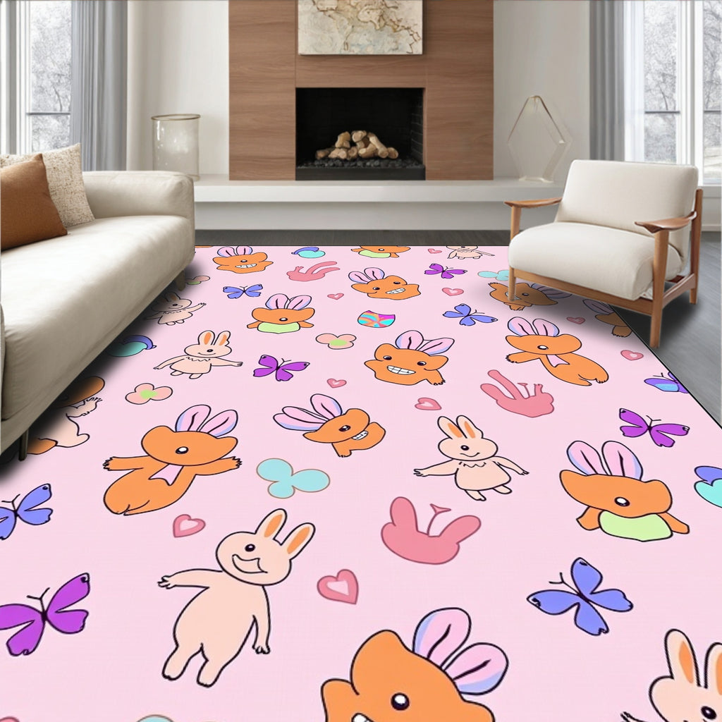Playful Orange Bunnies Blue Butterflies Pink Hearts Rug