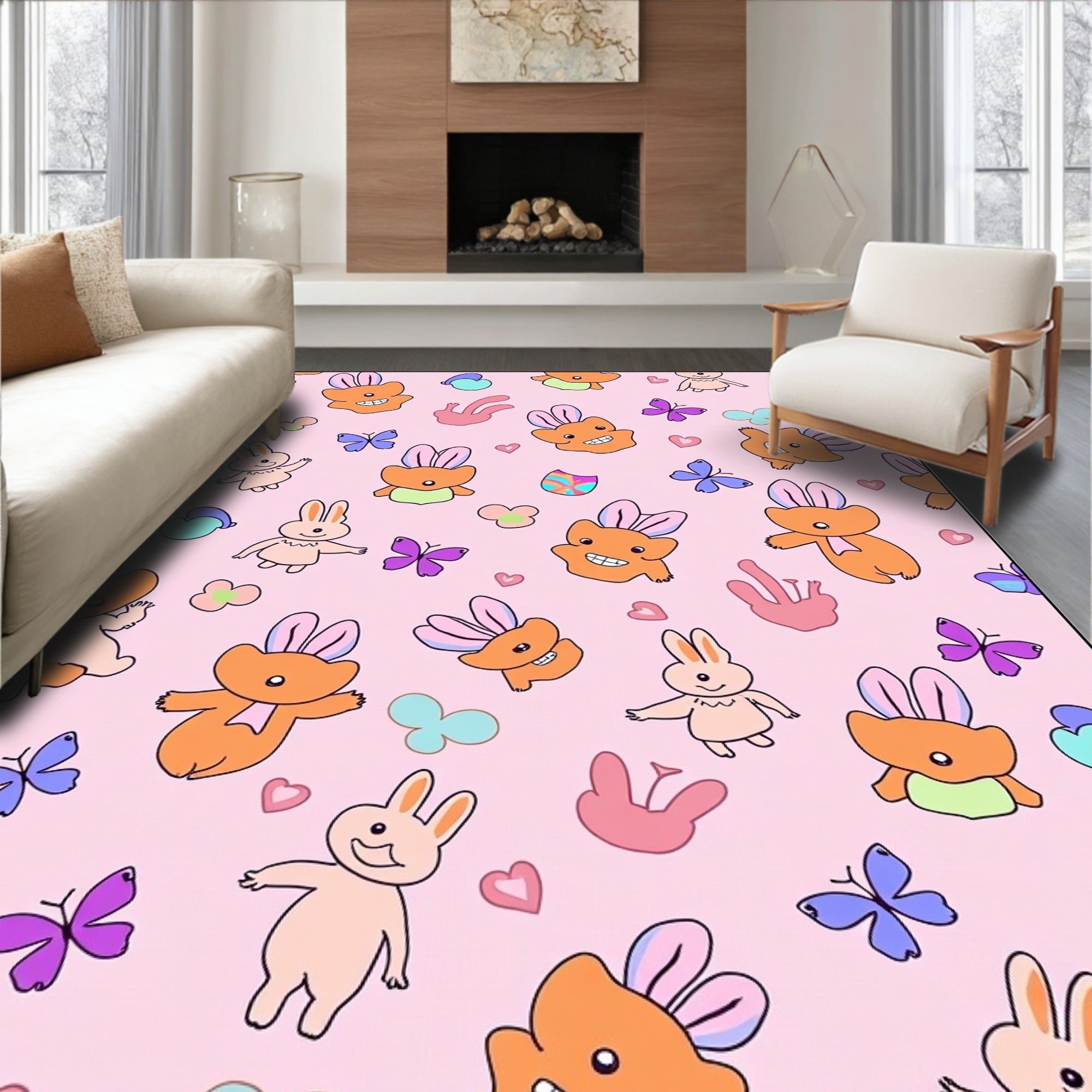 Playful Orange Bunnies Blue Butterflies Pink Hearts Rug