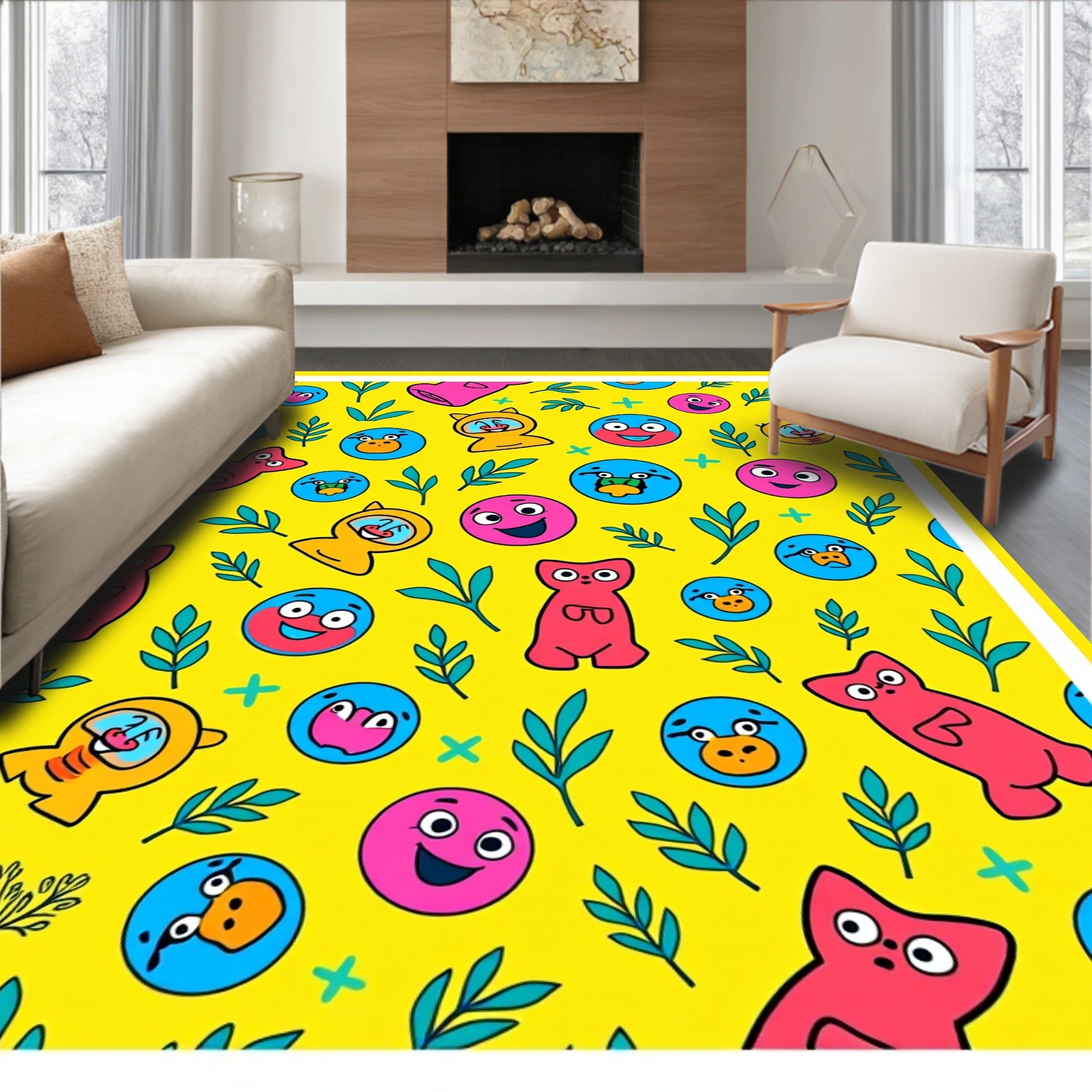 Vibrant Yellow Cartoon Character Collage Rug