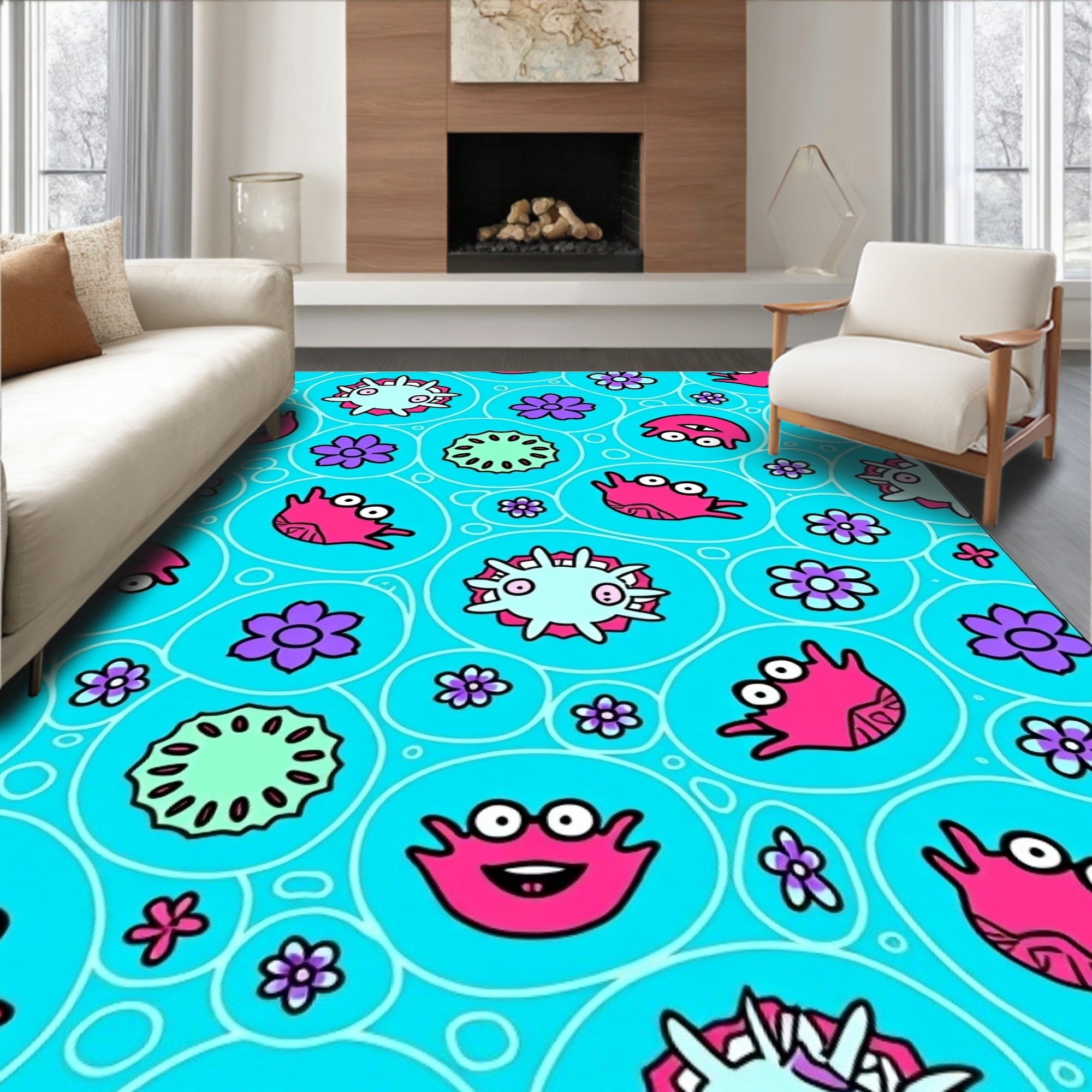 Whimsical Pink Blue Creature Floral Art Rug