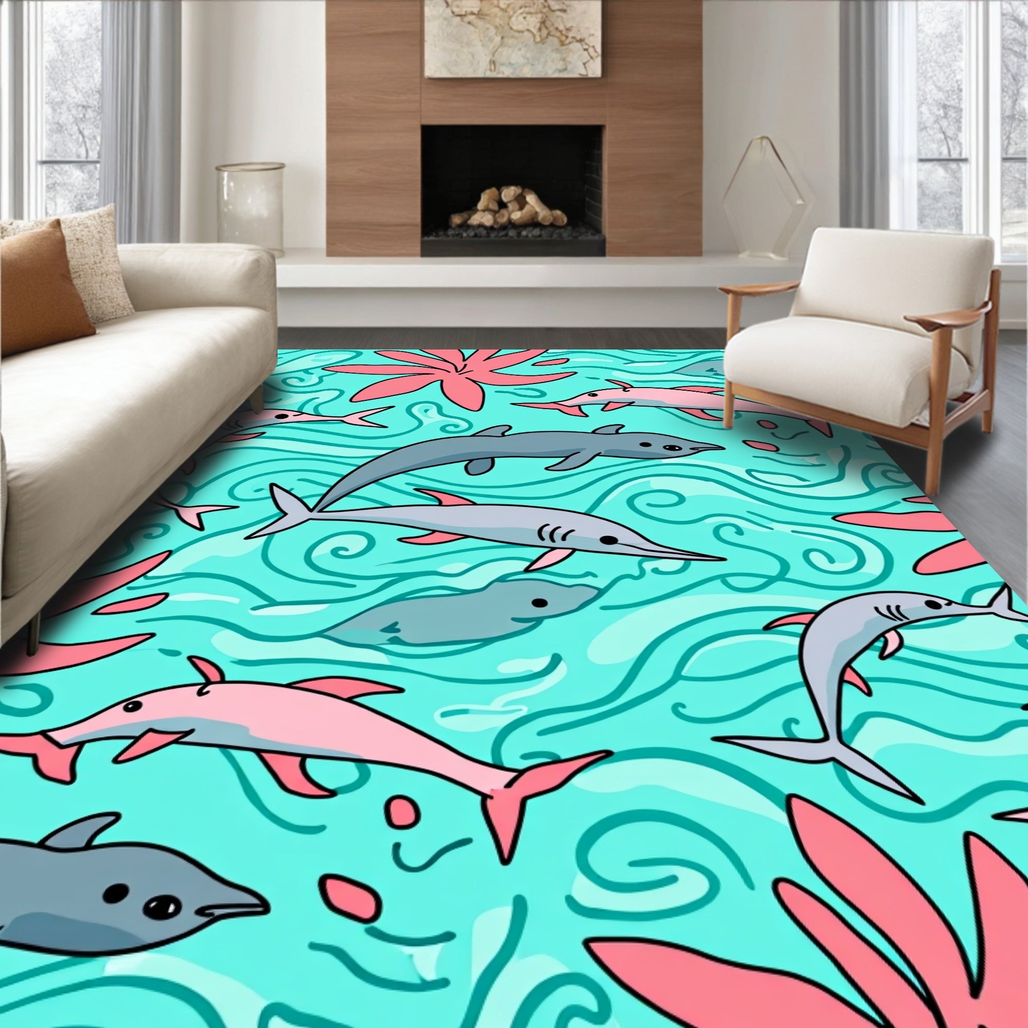 Aqua Dolphins Coral Sea Life Rug