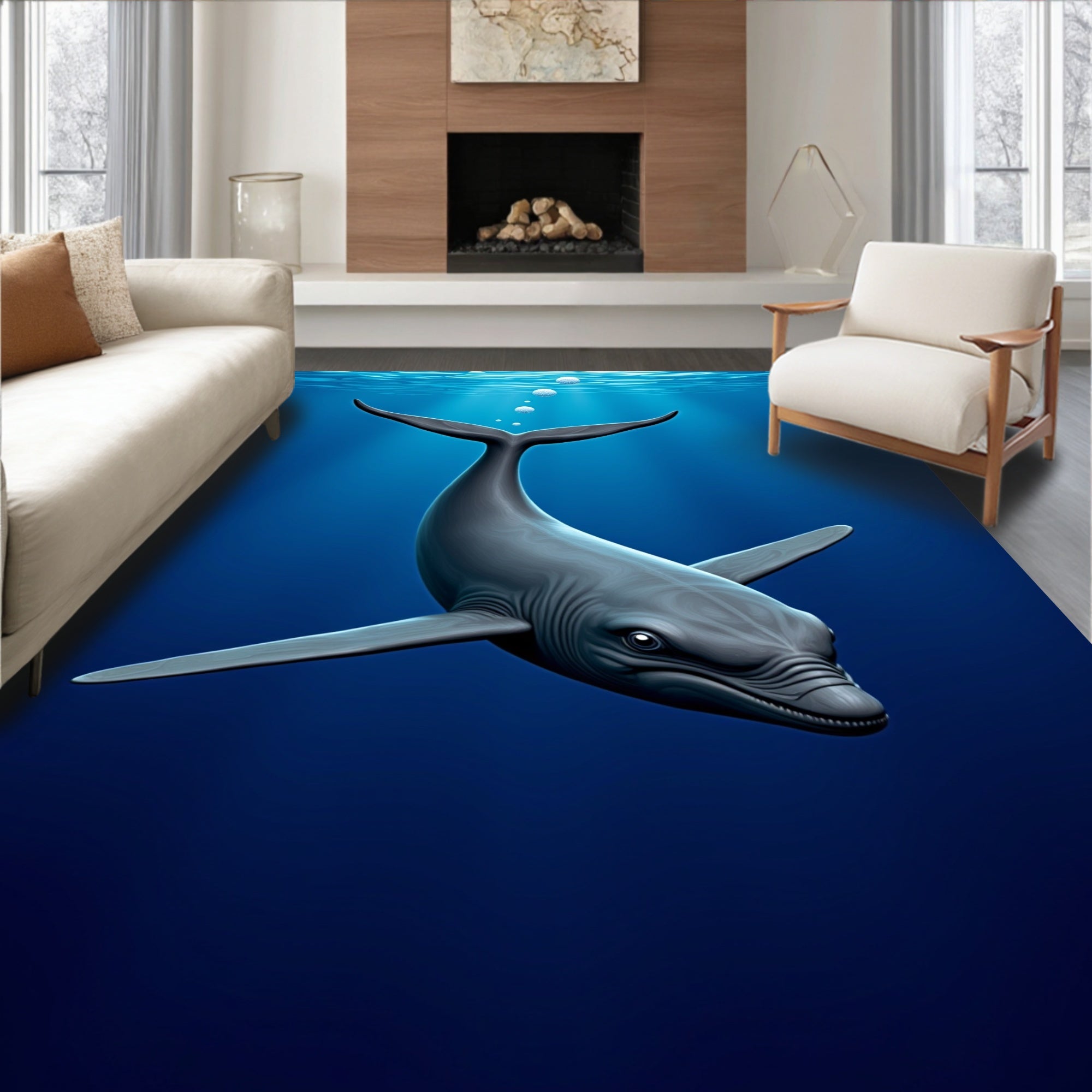 Gray Whale Deep Ocean Bubbles Rug